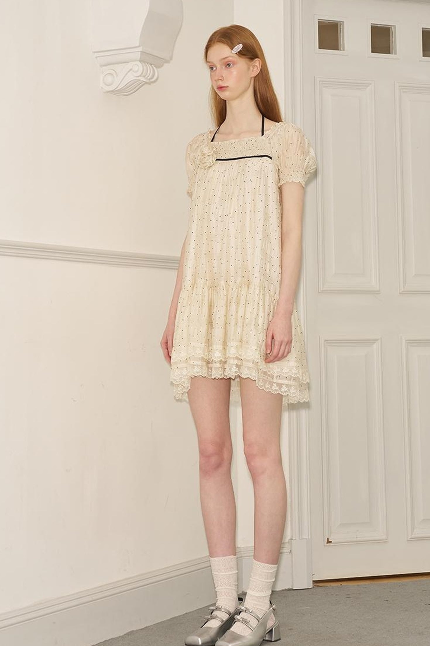 DIDDI MODA Polka Dot Puff Sleeve Floral Ruffle Babydoll Dress