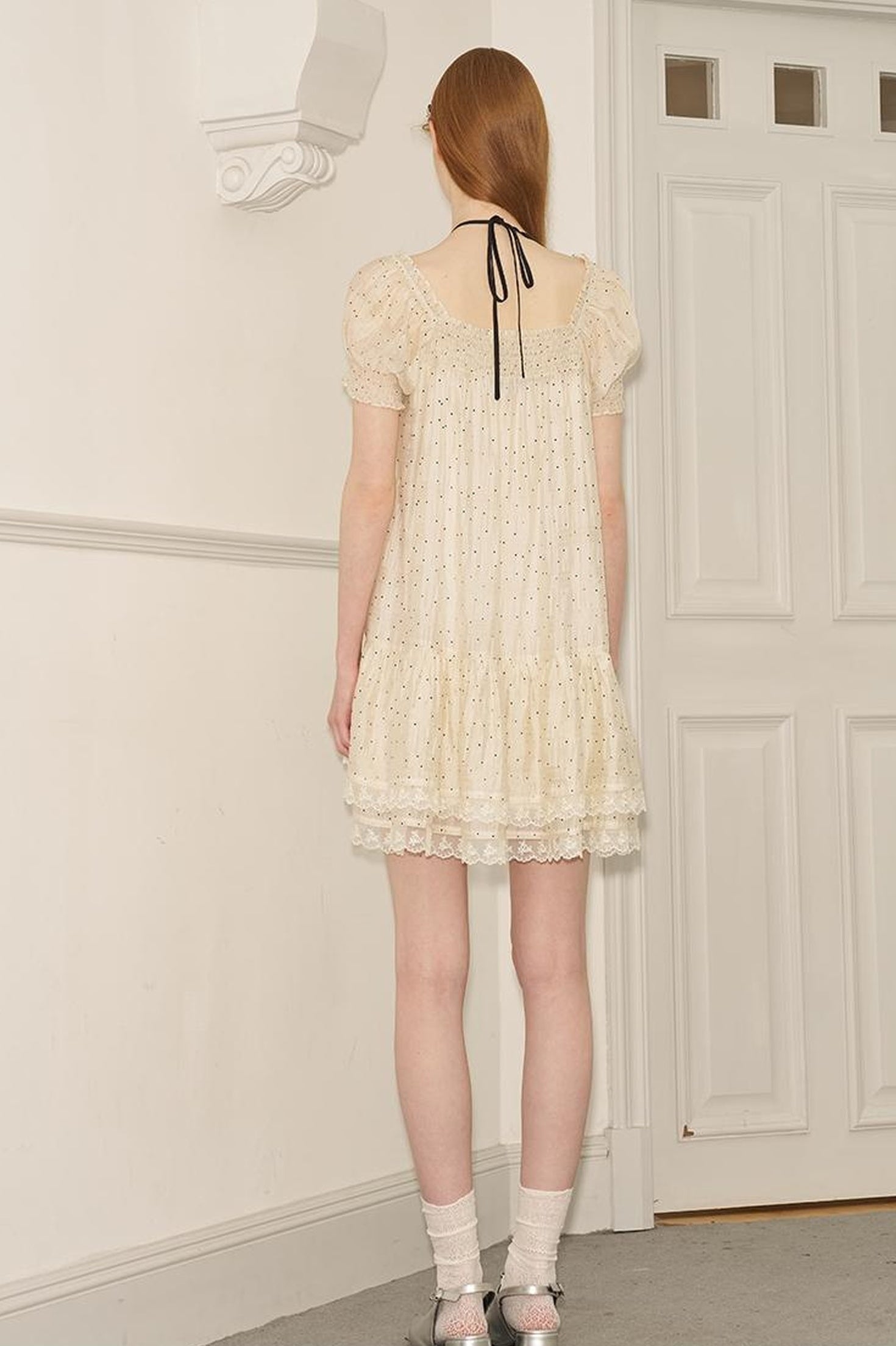 DIDDI MODA Polka Dot Puff Sleeve Floral Ruffle Babydoll Dress