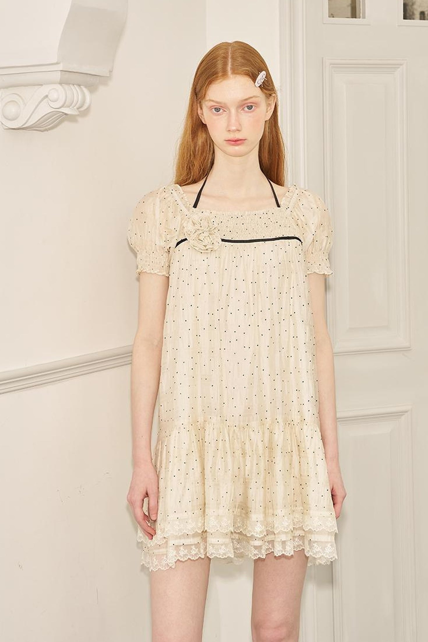 DIDDI MODA Polka Dot Puff Sleeve Floral Ruffle Babydoll Dress