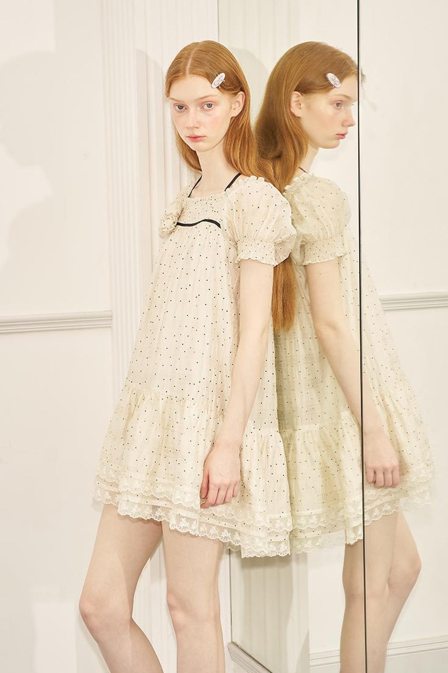 DIDDI MODA Polka Dot Puff Sleeve Floral Ruffle Babydoll Dress