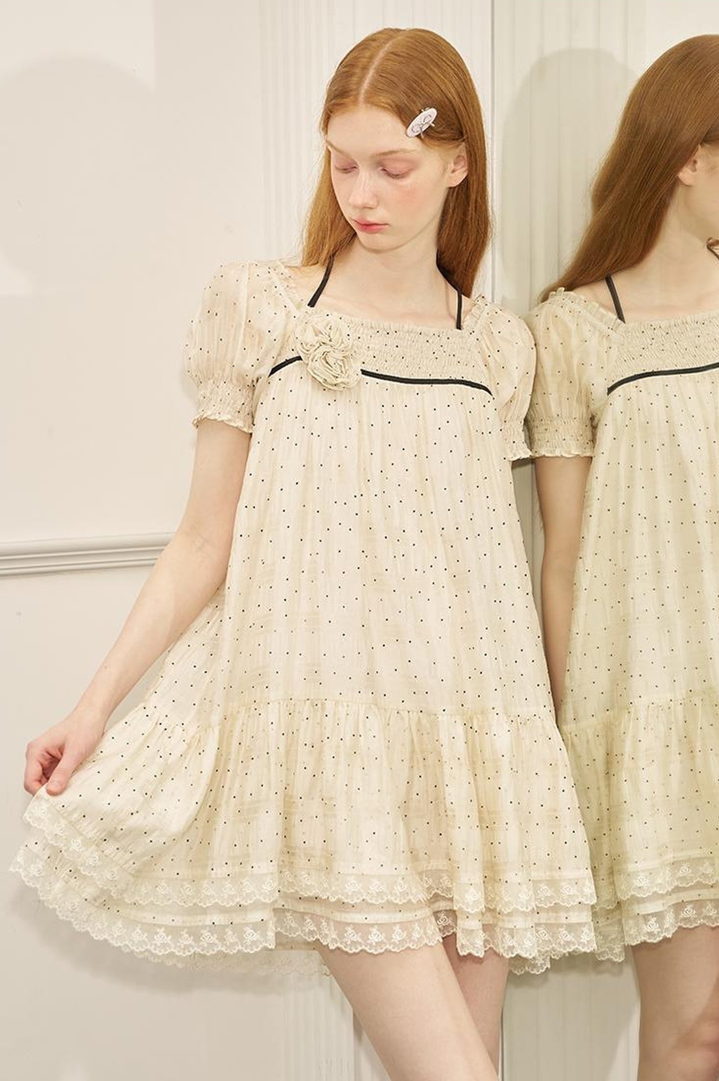 DIDDI MODA Polka Dot Puff Sleeve Floral Ruffle Babydoll Dress