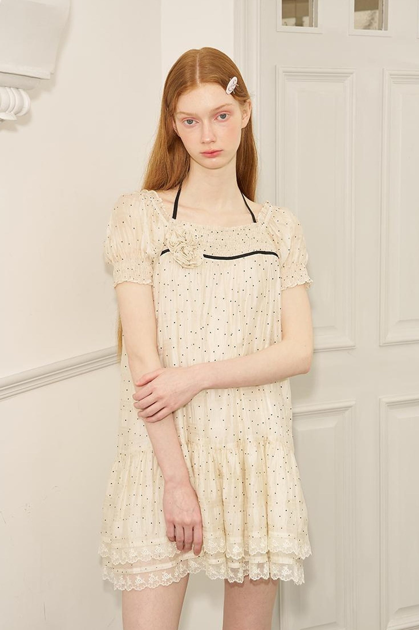 DIDDI MODA Polka Dot Puff Sleeve Floral Ruffle Babydoll Dress