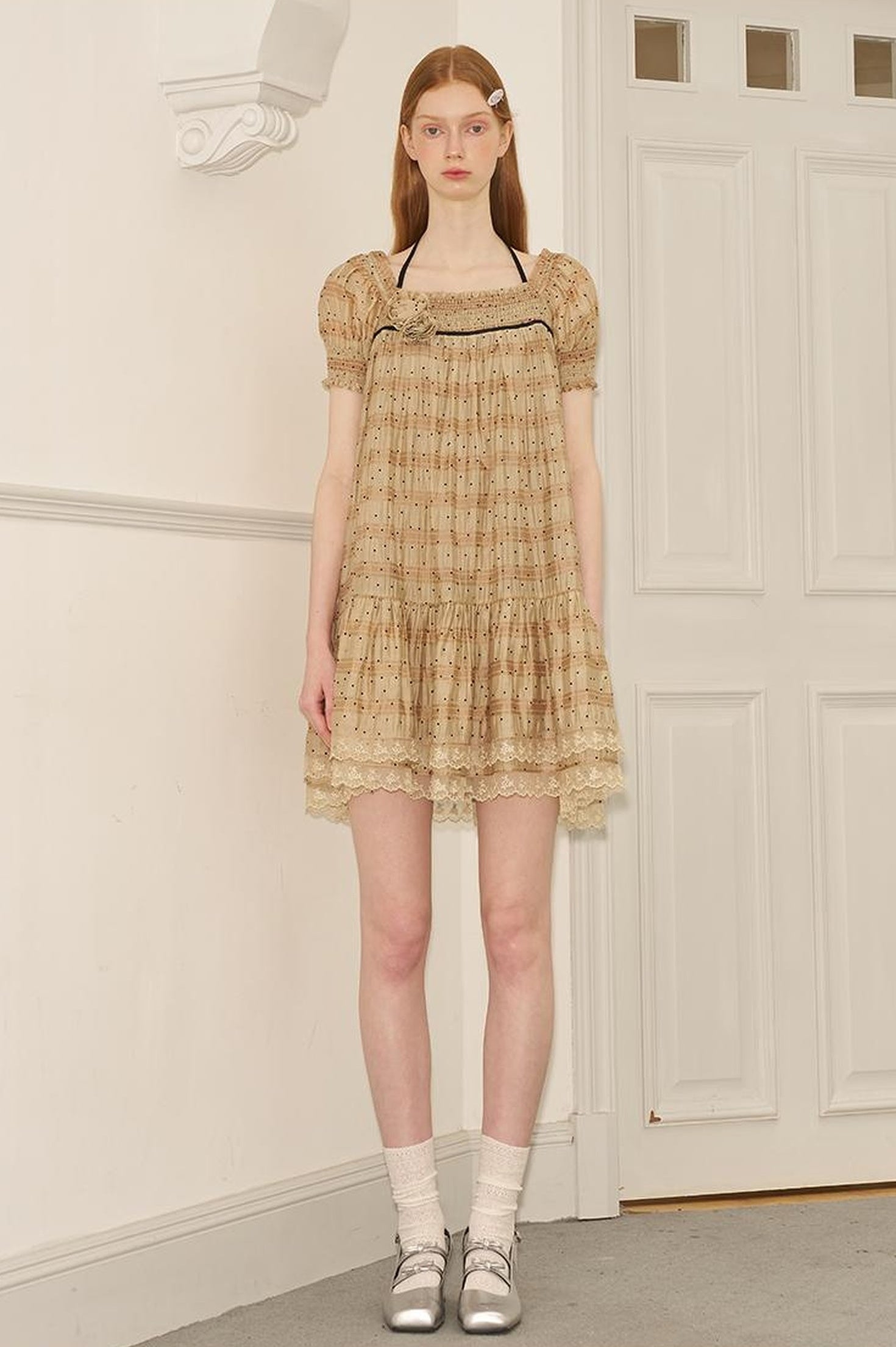 DIDDI MODA Polka Dot Puff Sleeve Floral Ruffle Babydoll Dress