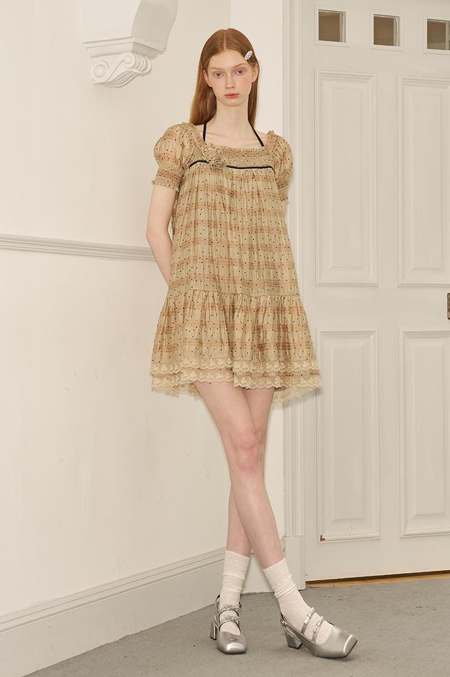 DIDDI MODA Polka Dot Puff Sleeve Floral Ruffle Babydoll Dress