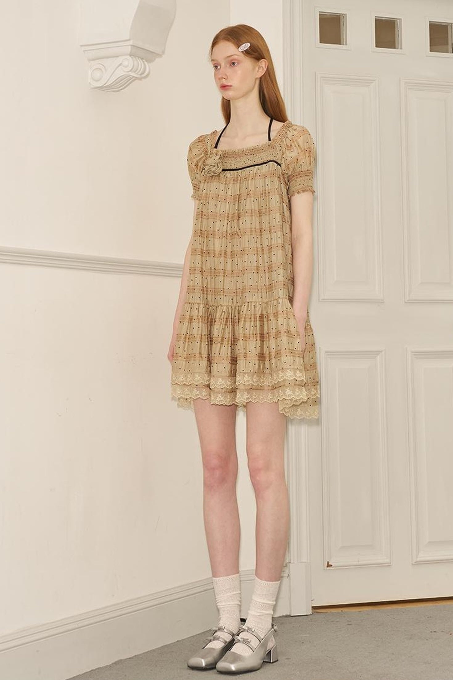 DIDDI MODA Polka Dot Puff Sleeve Floral Ruffle Babydoll Dress