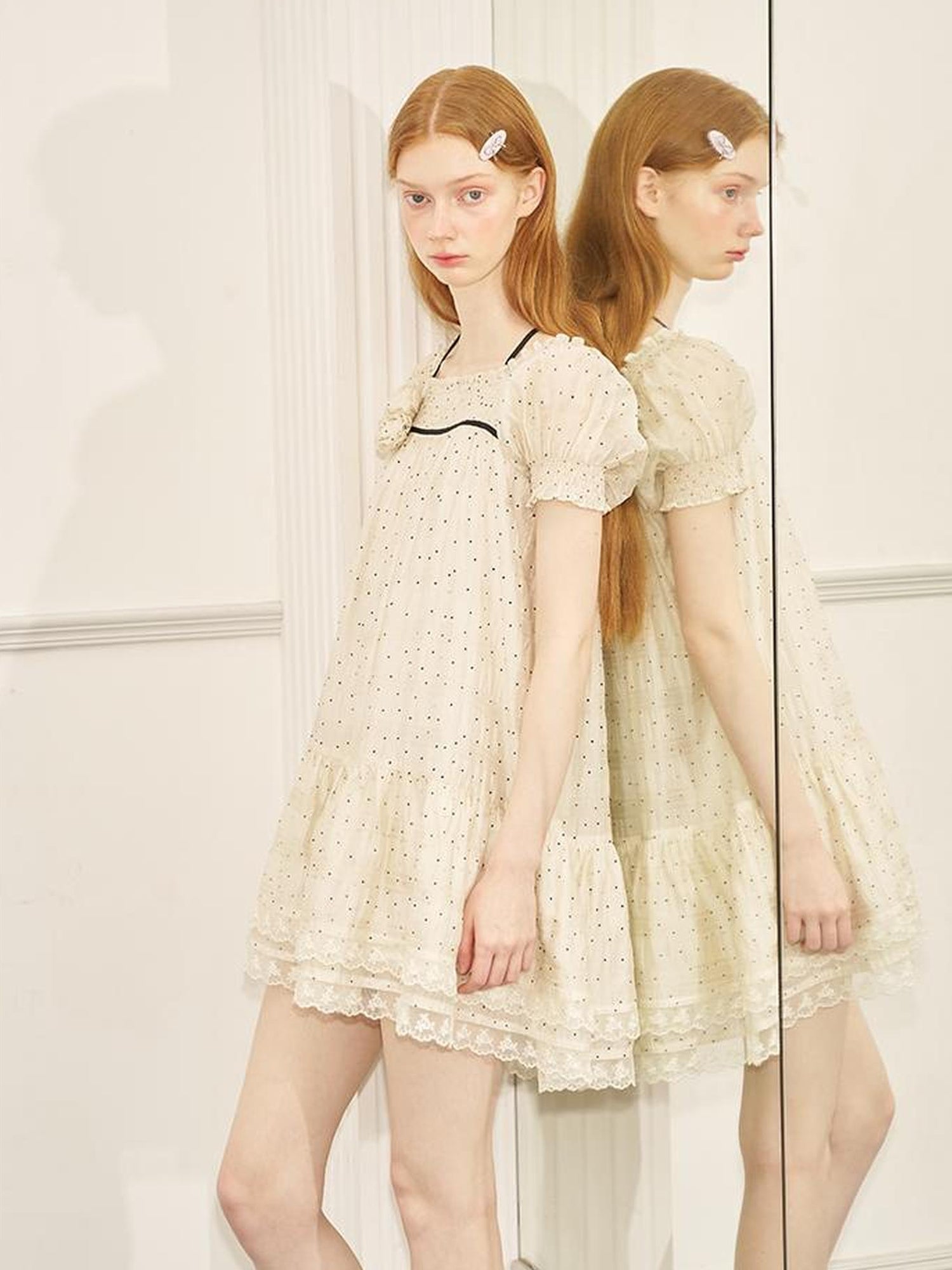 DIDDI MODA Polka Dot Puff Sleeve Floral Ruffle Babydoll Dress