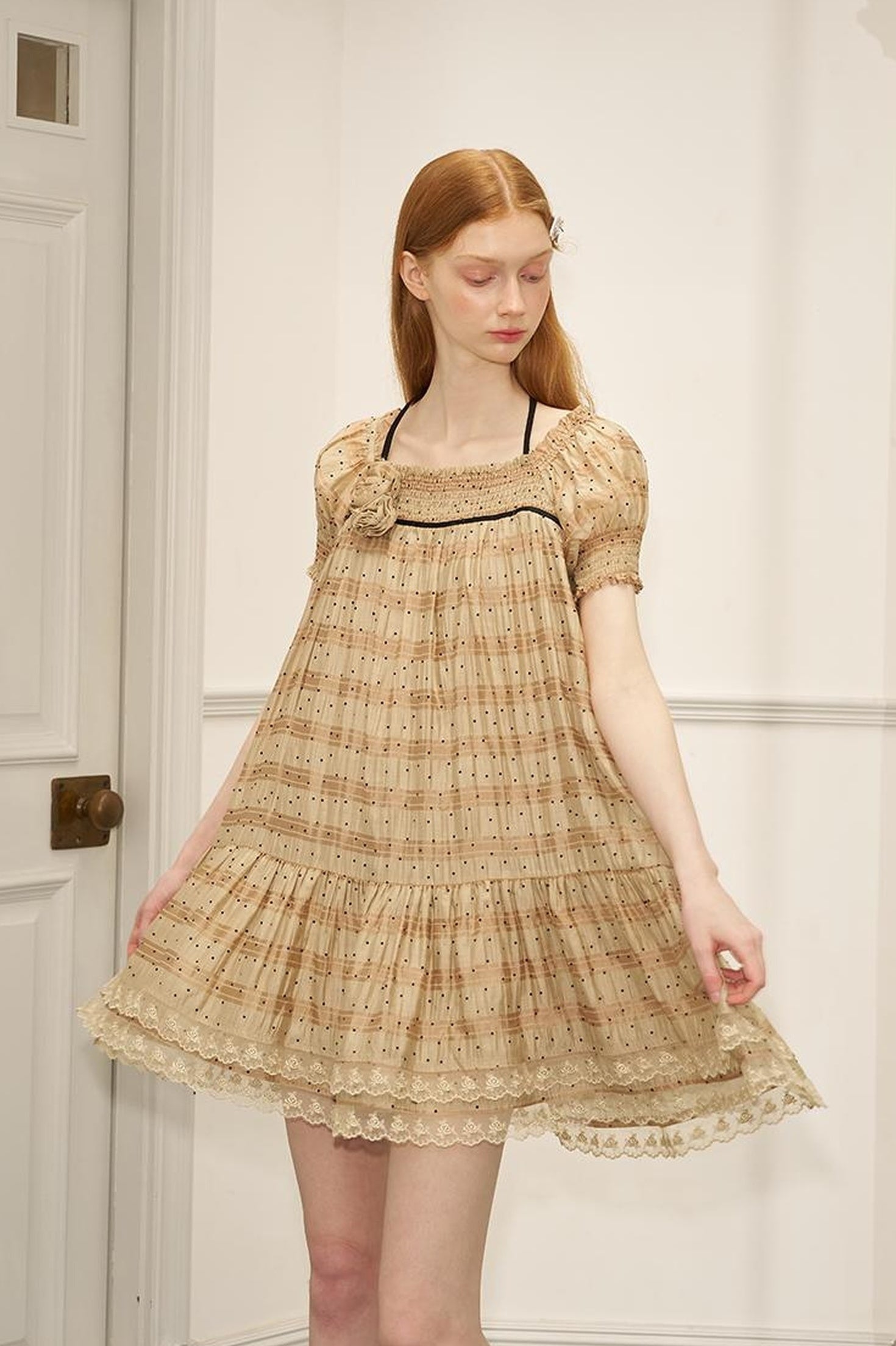 DIDDI MODA Polka Dot Puff Sleeve Floral Ruffle Babydoll Dress