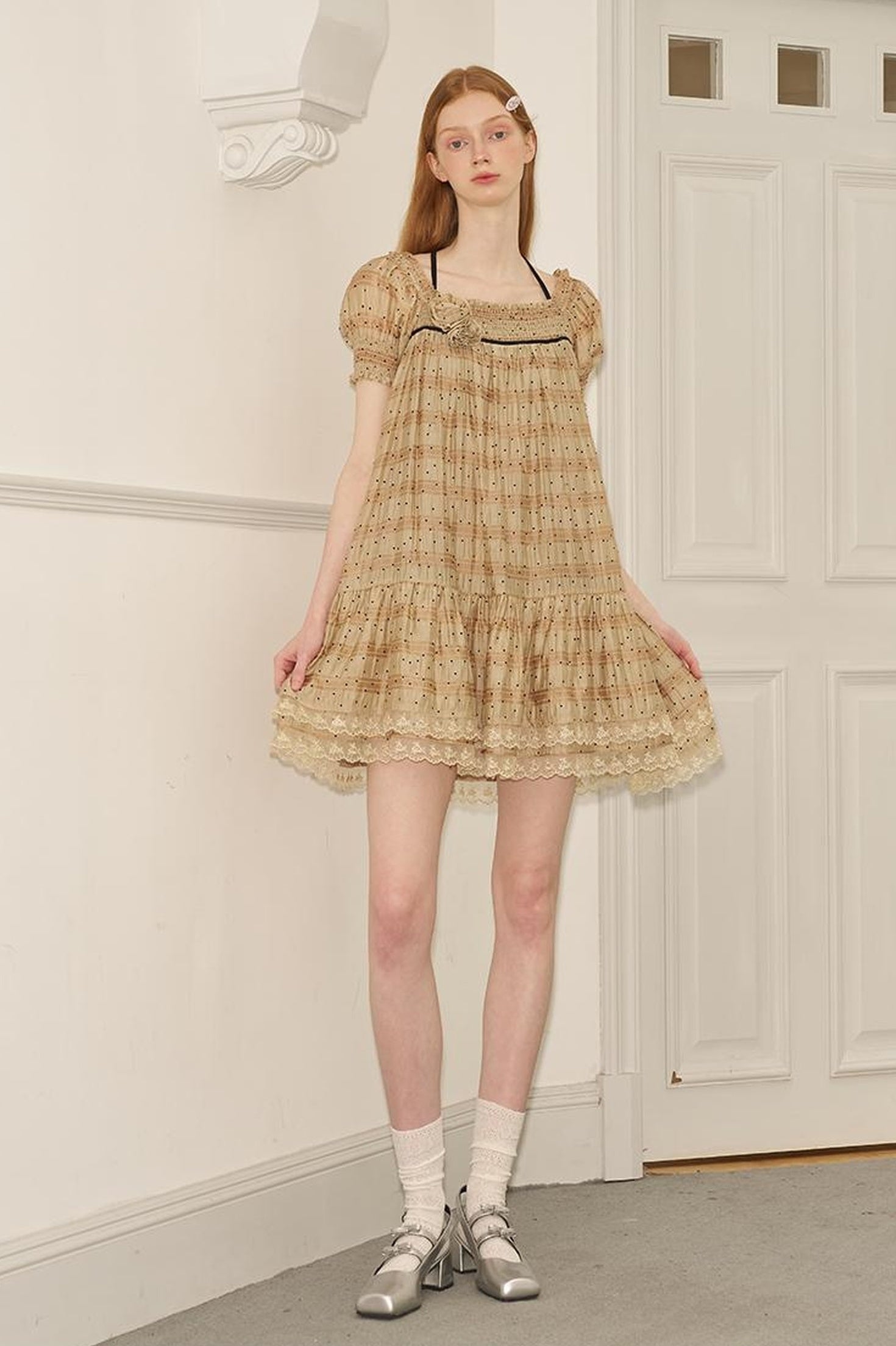 DIDDI MODA Polka Dot Puff Sleeve Floral Ruffle Babydoll Dress