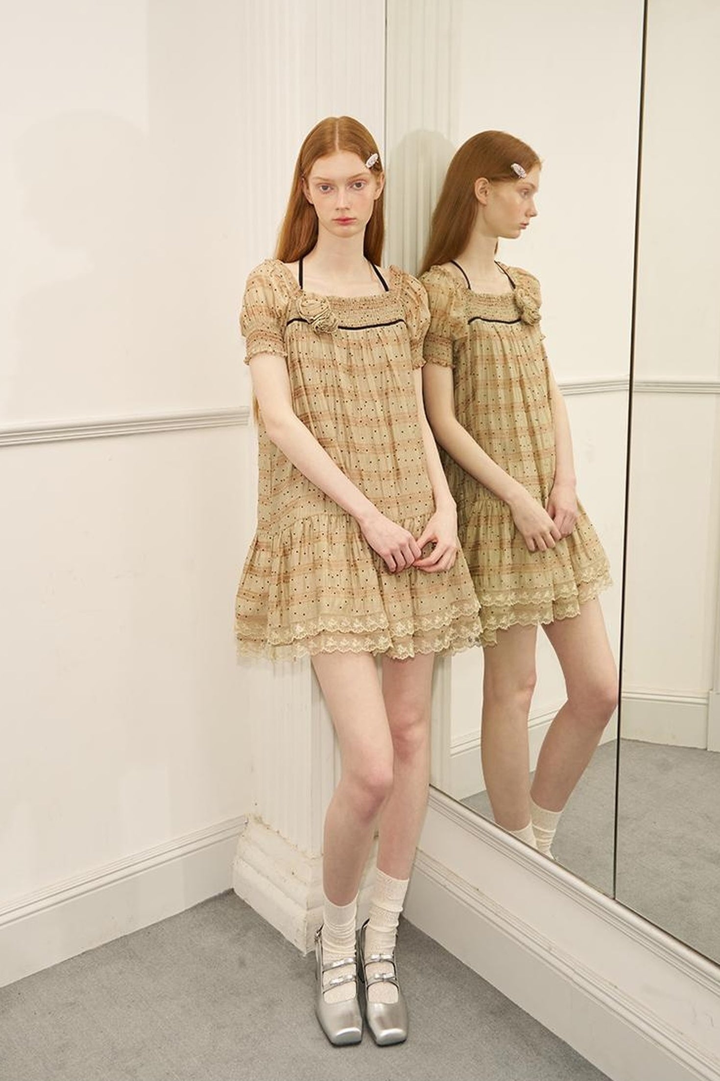 DIDDI MODA Polka Dot Puff Sleeve Floral Ruffle Babydoll Dress