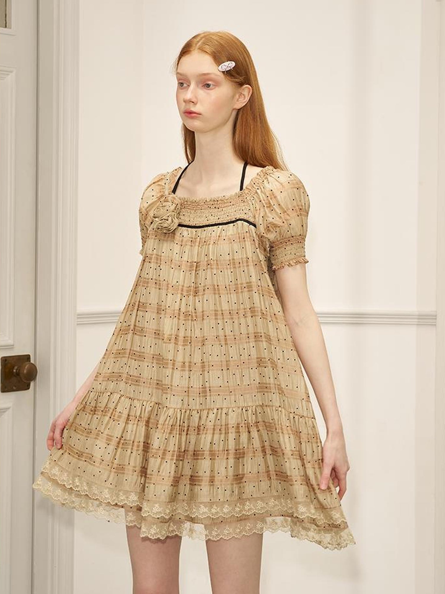 DIDDI MODA Polka Dot Puff Sleeve Floral Ruffle Babydoll Dress