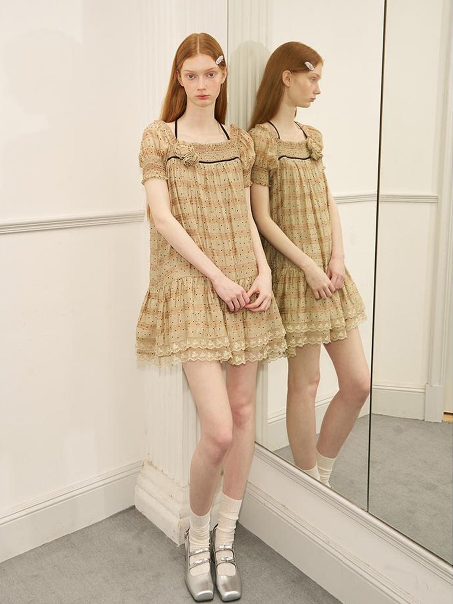 DIDDI MODA Polka Dot Puff Sleeve Floral Ruffle Babydoll Dress