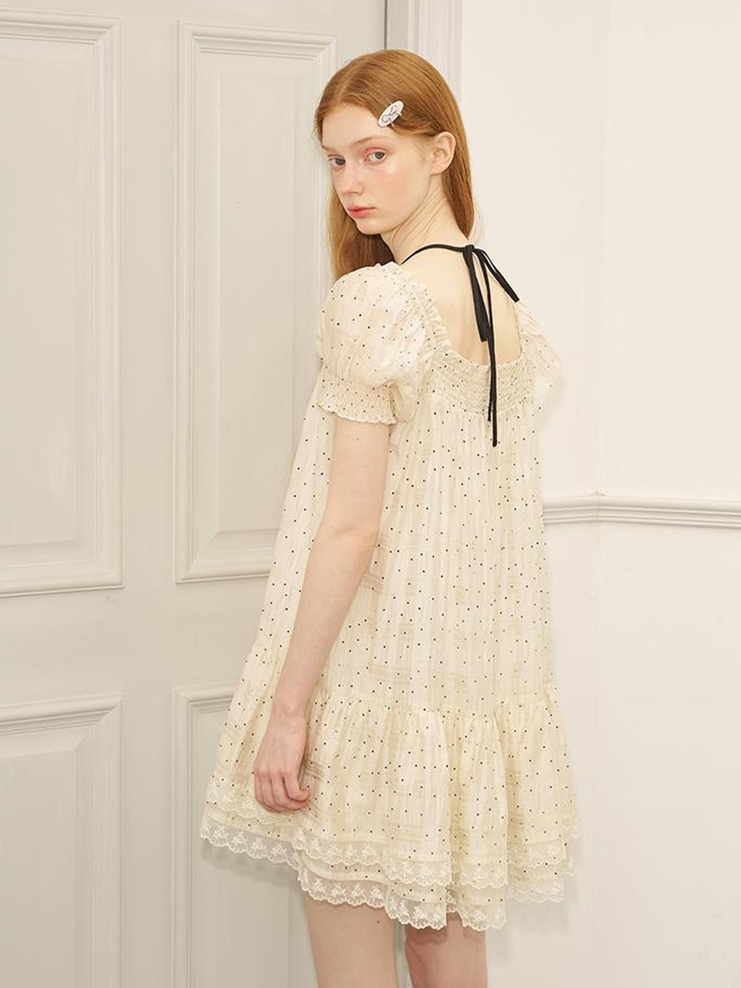 DIDDI MODA Polka Dot Puff Sleeve Floral Ruffle Babydoll Dress