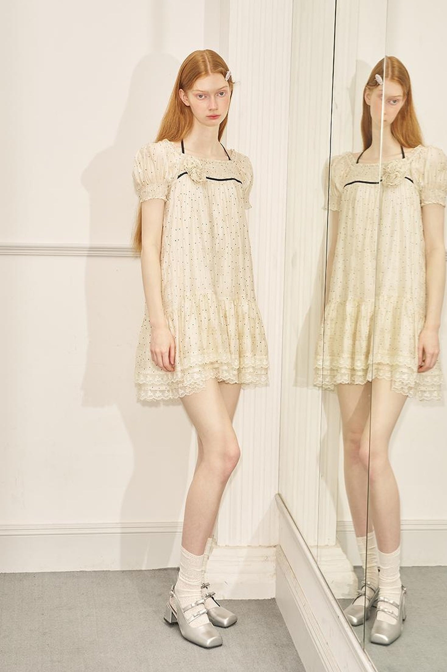 DIDDI MODA Polka Dot Puff Sleeve Floral Ruffle Babydoll Dress