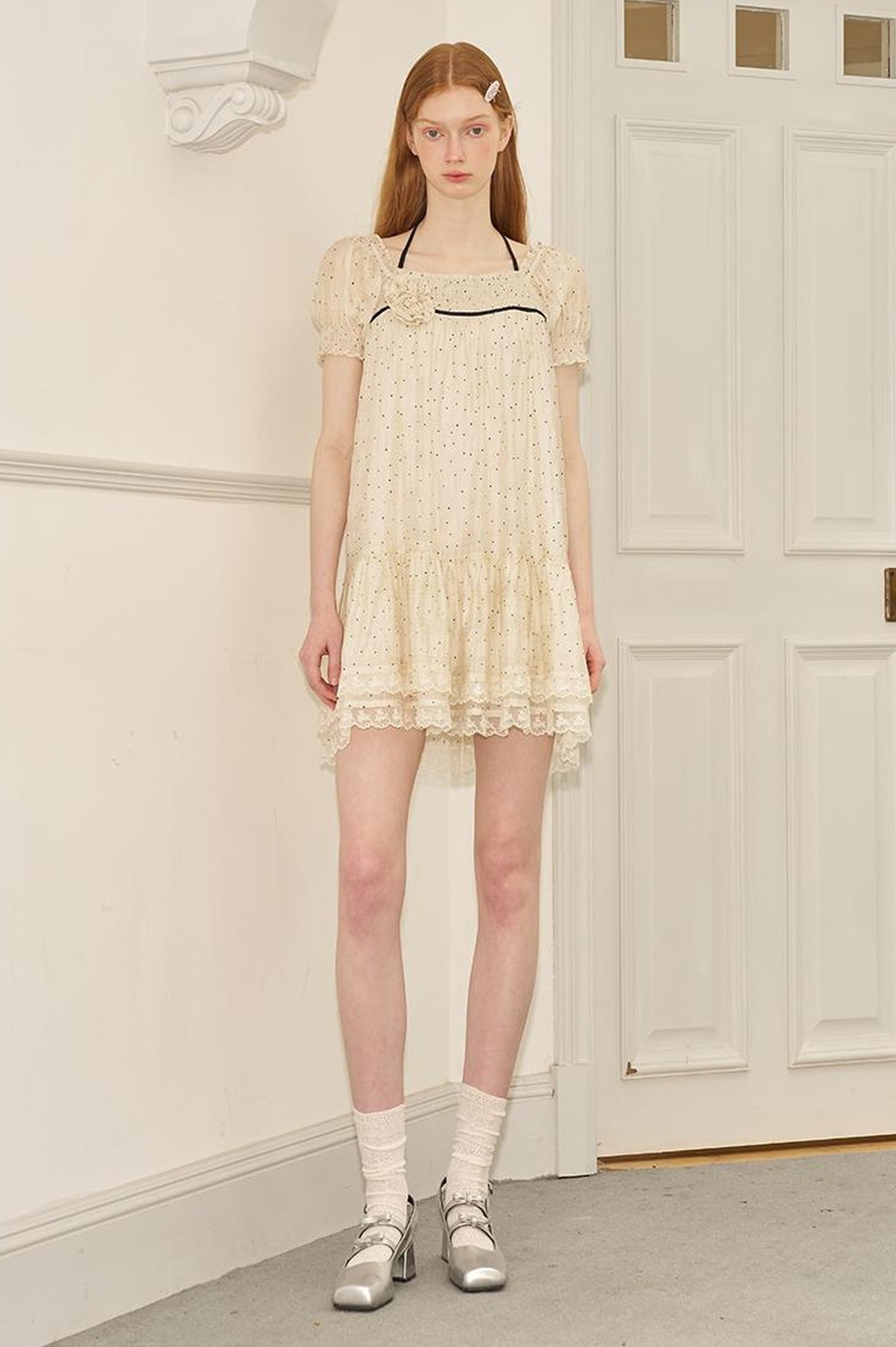 DIDDI MODA Polka Dot Puff Sleeve Floral Ruffle Babydoll Dress