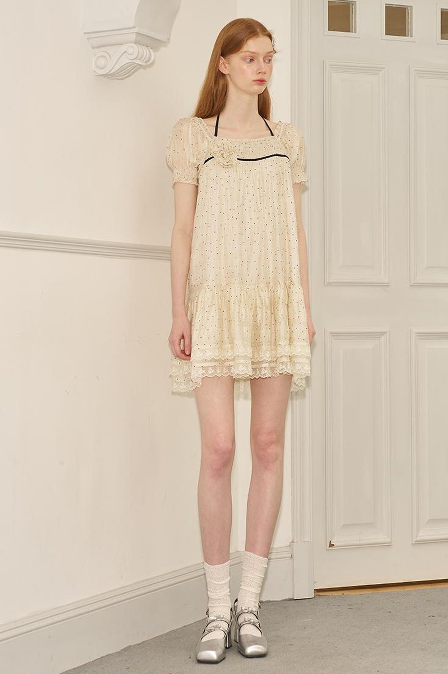 DIDDI MODA Polka Dot Puff Sleeve Floral Ruffle Babydoll Dress