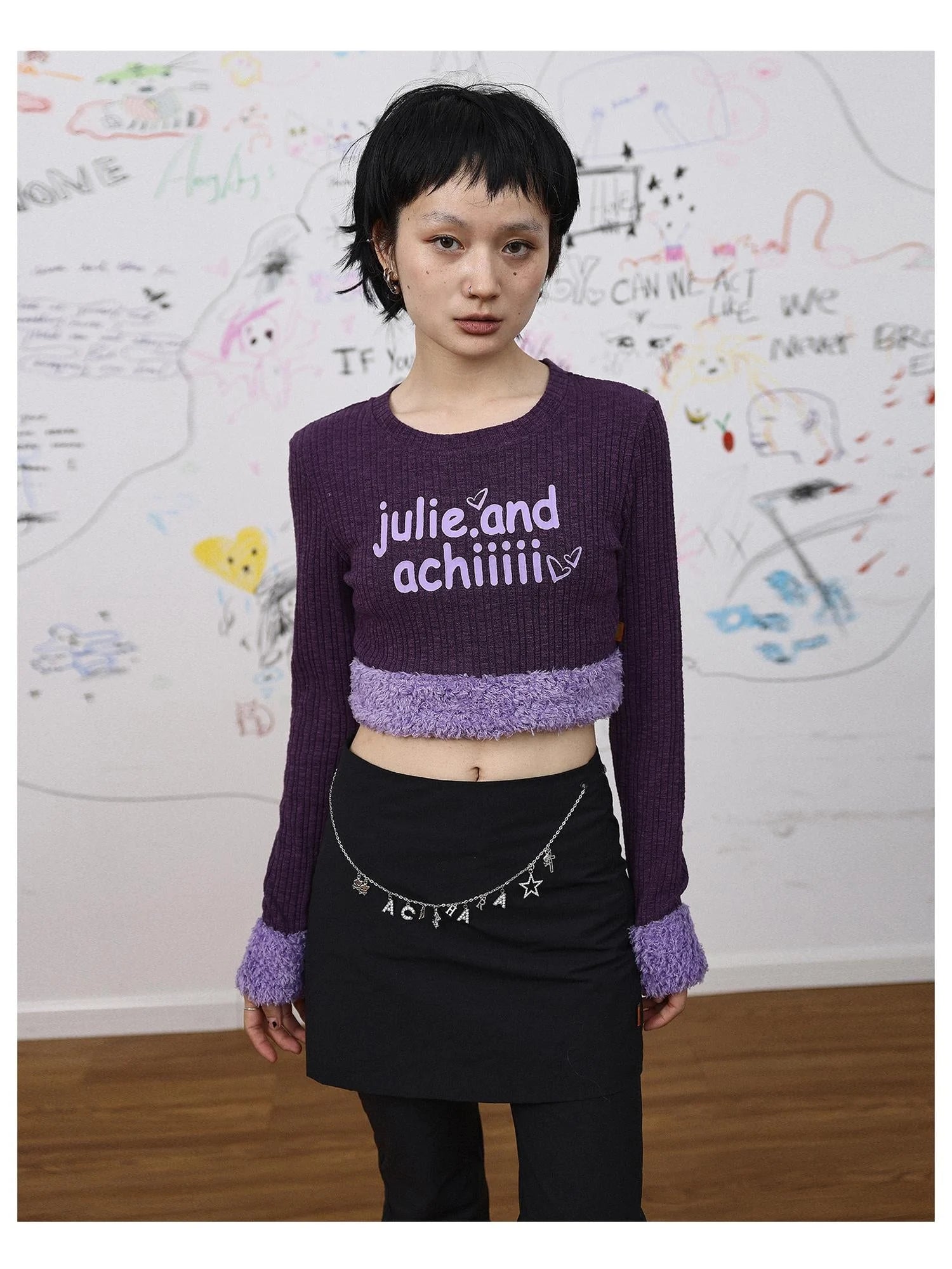 Purple Fluffy Trim Knit Sweater Retro Party Top