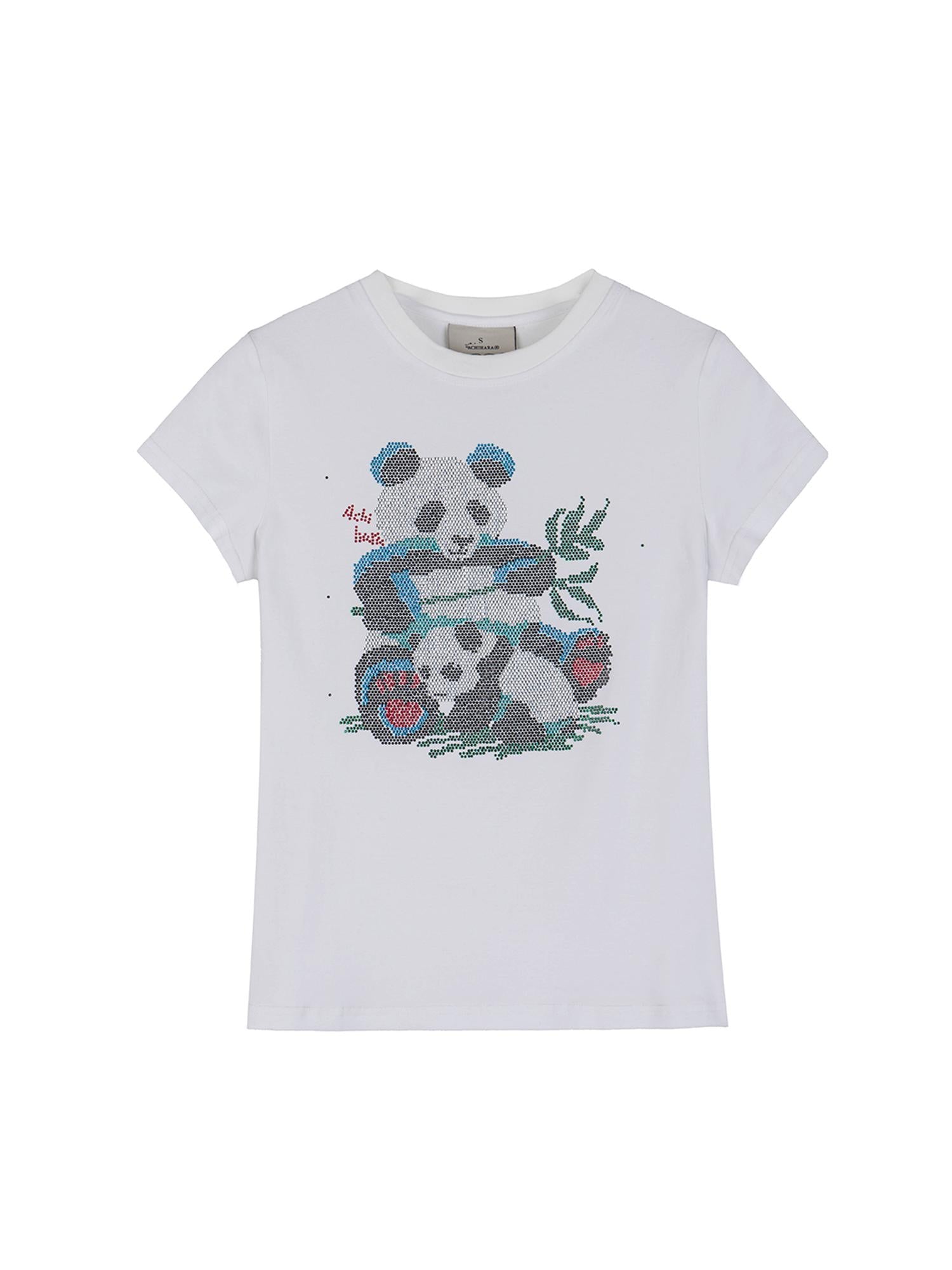 Achihara Happy Panda Embroidered Crop Tee V-neck T-shirt Long-Sleeve