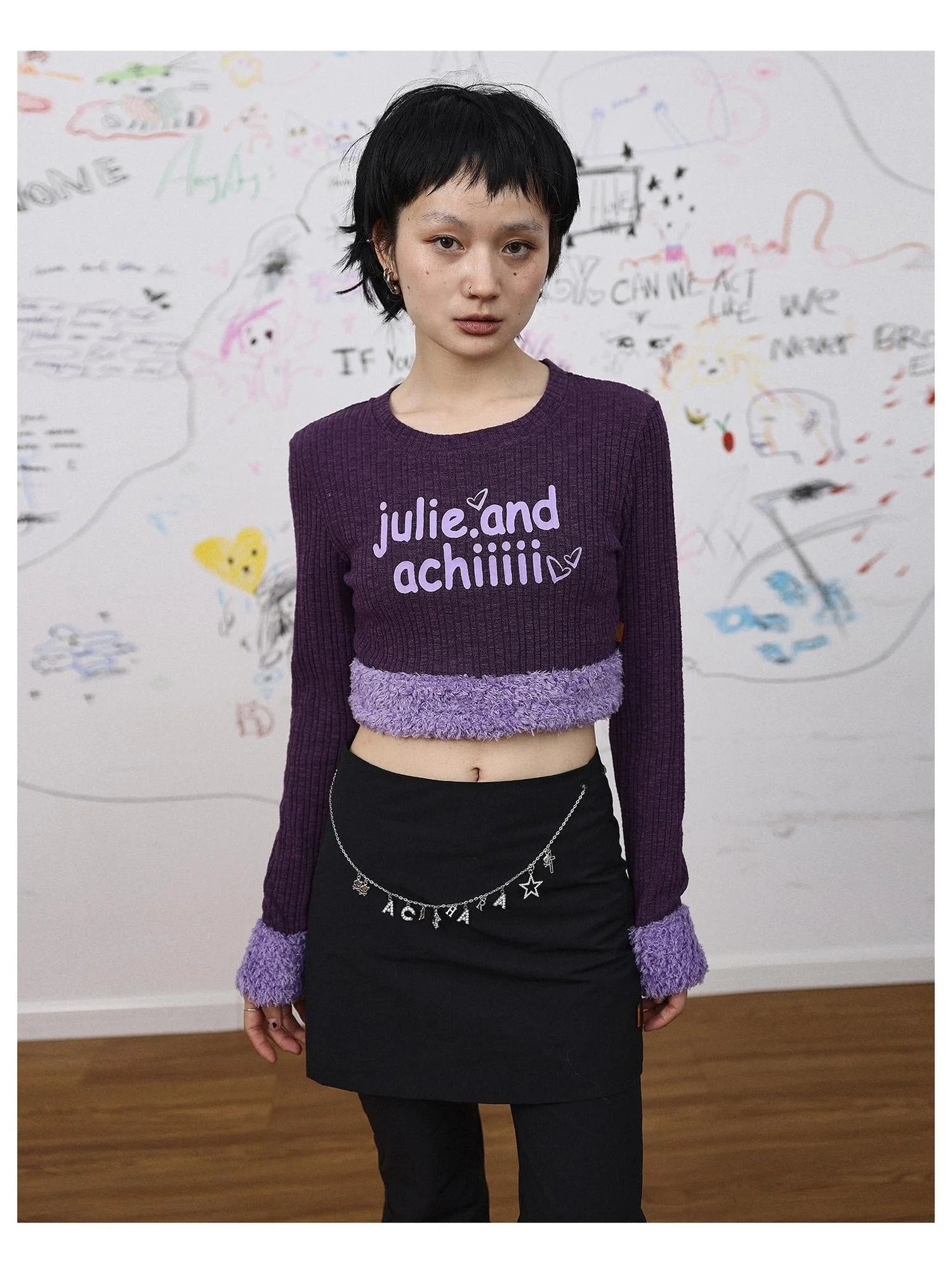 Purple Fluffy Trim Knit Sweater Retro Party Top