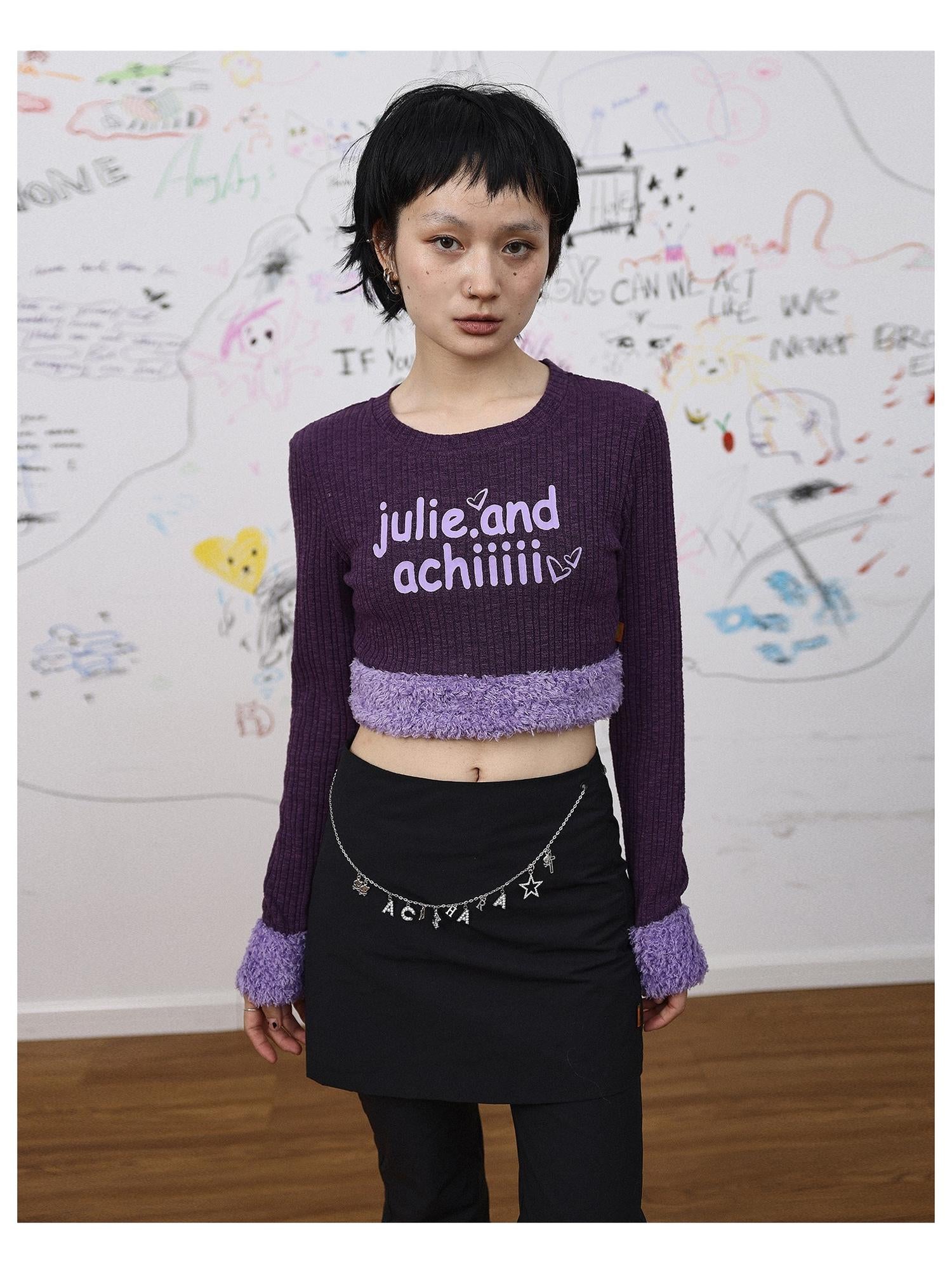 Achihara Purple Fluffy Trim Knit Sweater Retro Party Top