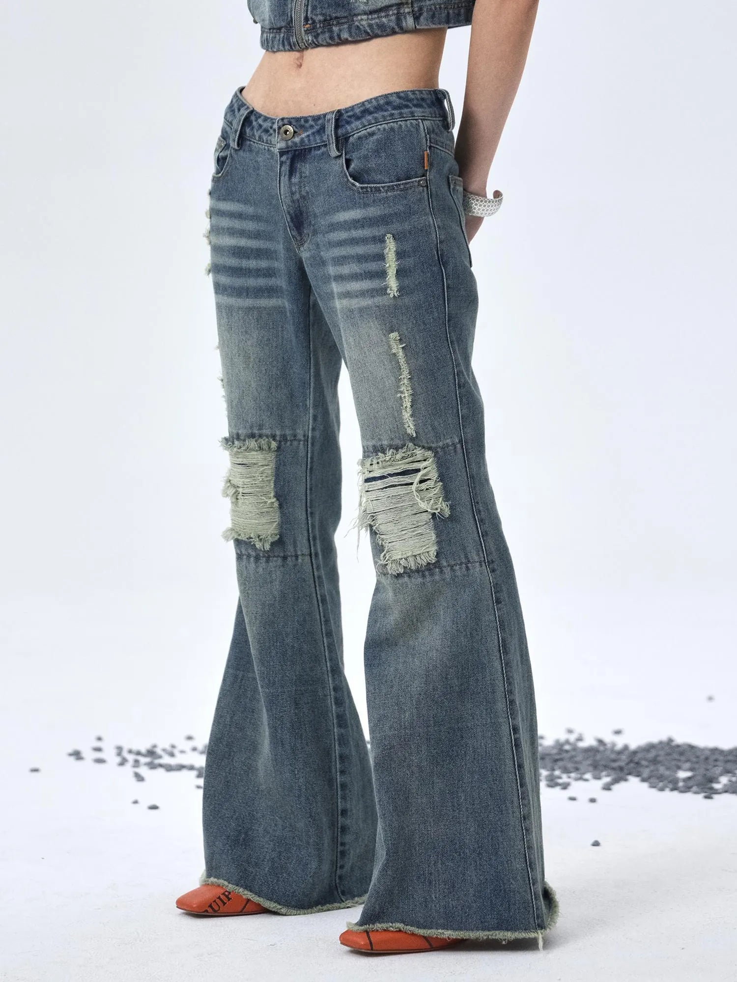 1988 Vintage Low Rise Flared Jeans With Distressed Details