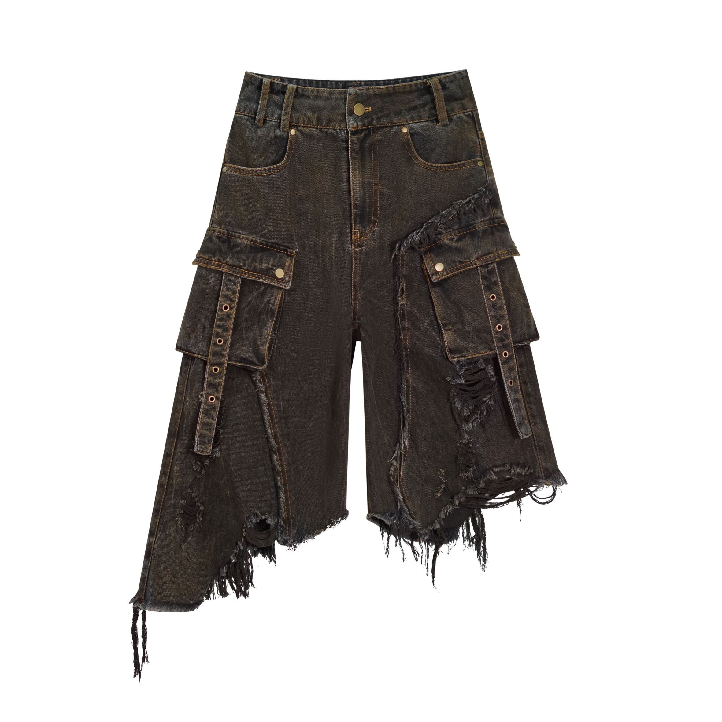 Update c Mud Dyed Grunge Denim Cropped Shorts With Raw Hem Patchwork
