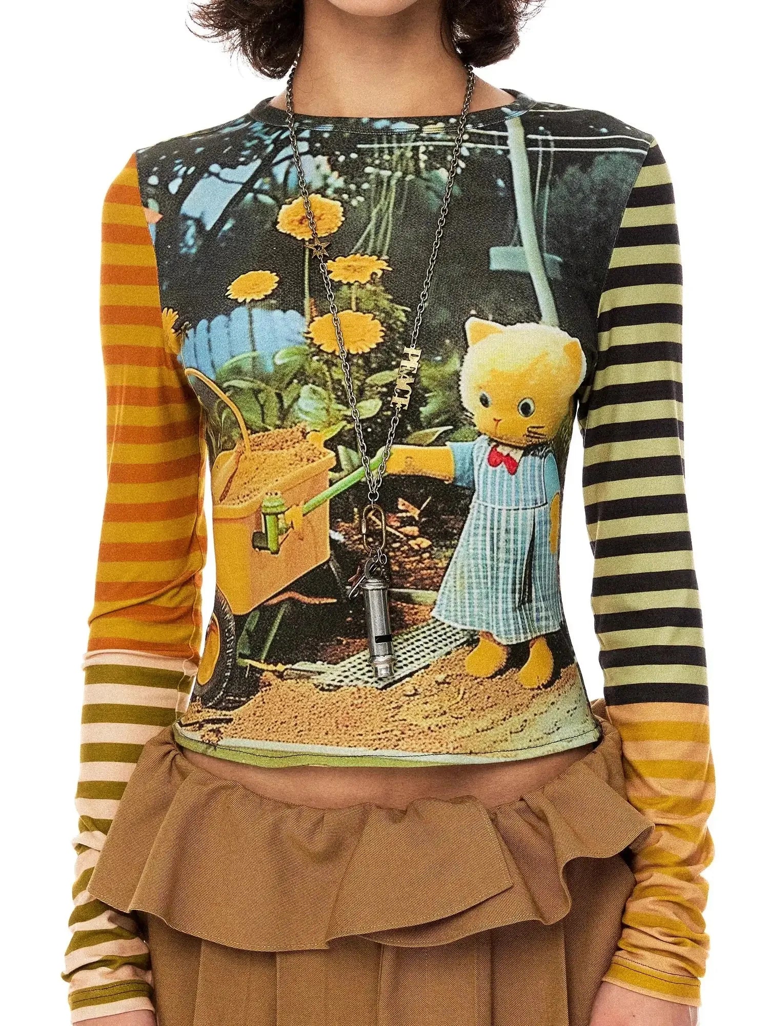 Cat Garden Print Tee With Green Yellow Striped Sleeves V Neck T Shirt Long Sleeve