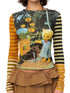 Cat Garden Print Tee With Green Yellow Striped Sleeves V Neck T Shirt Long Sleeve