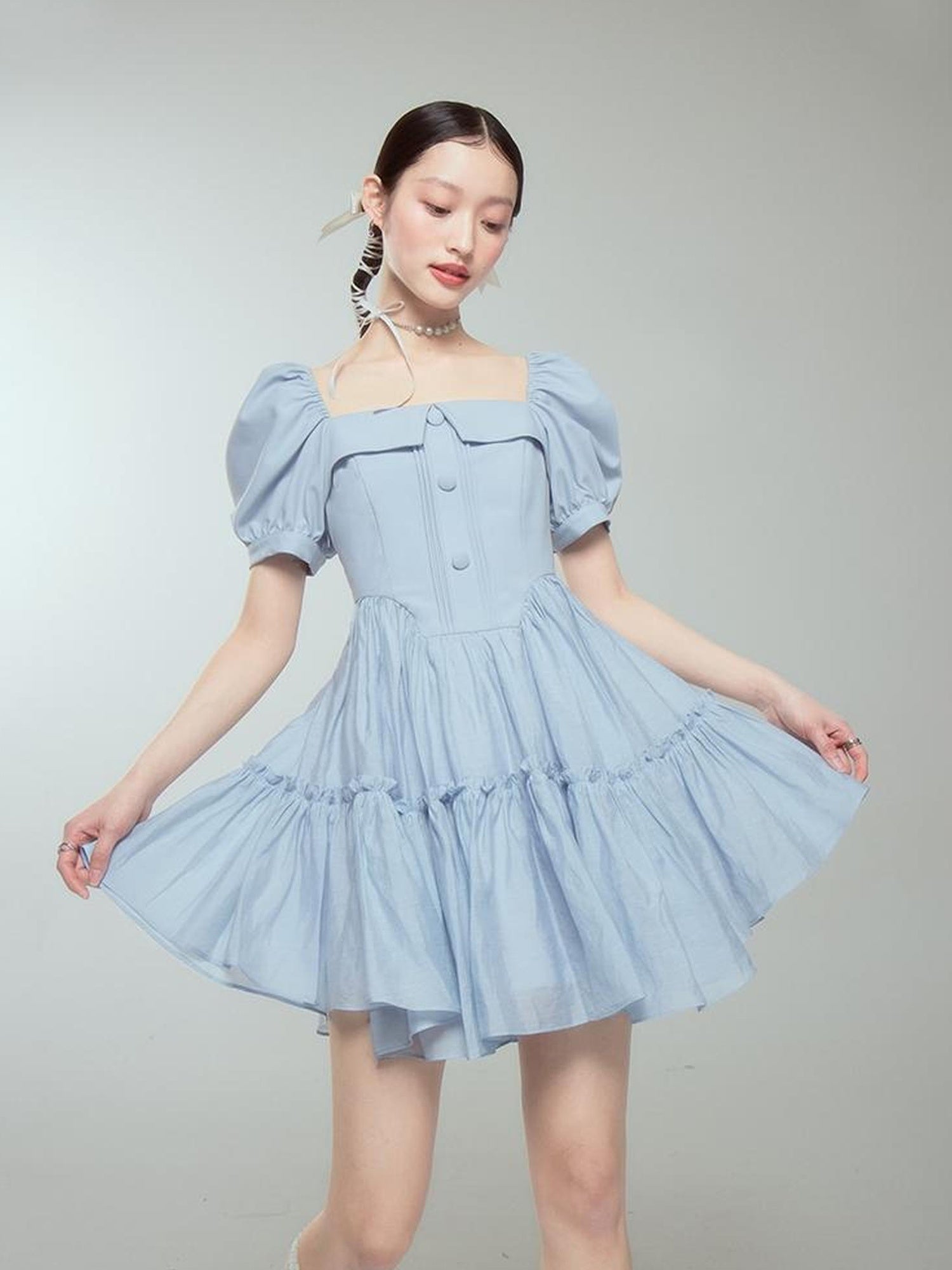 DIDDI MODA Princess Escape Bubble Sleeve Square Neck Tulle Dress