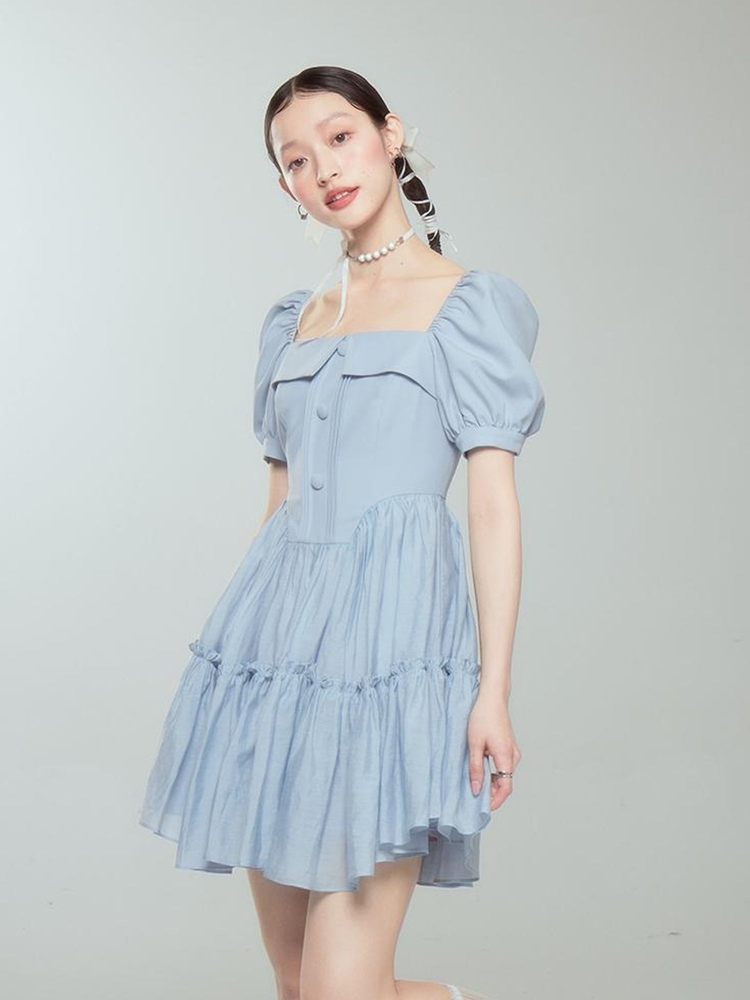 DIDDI MODA Princess Escape Bubble Sleeve Square Neck Tulle Dress