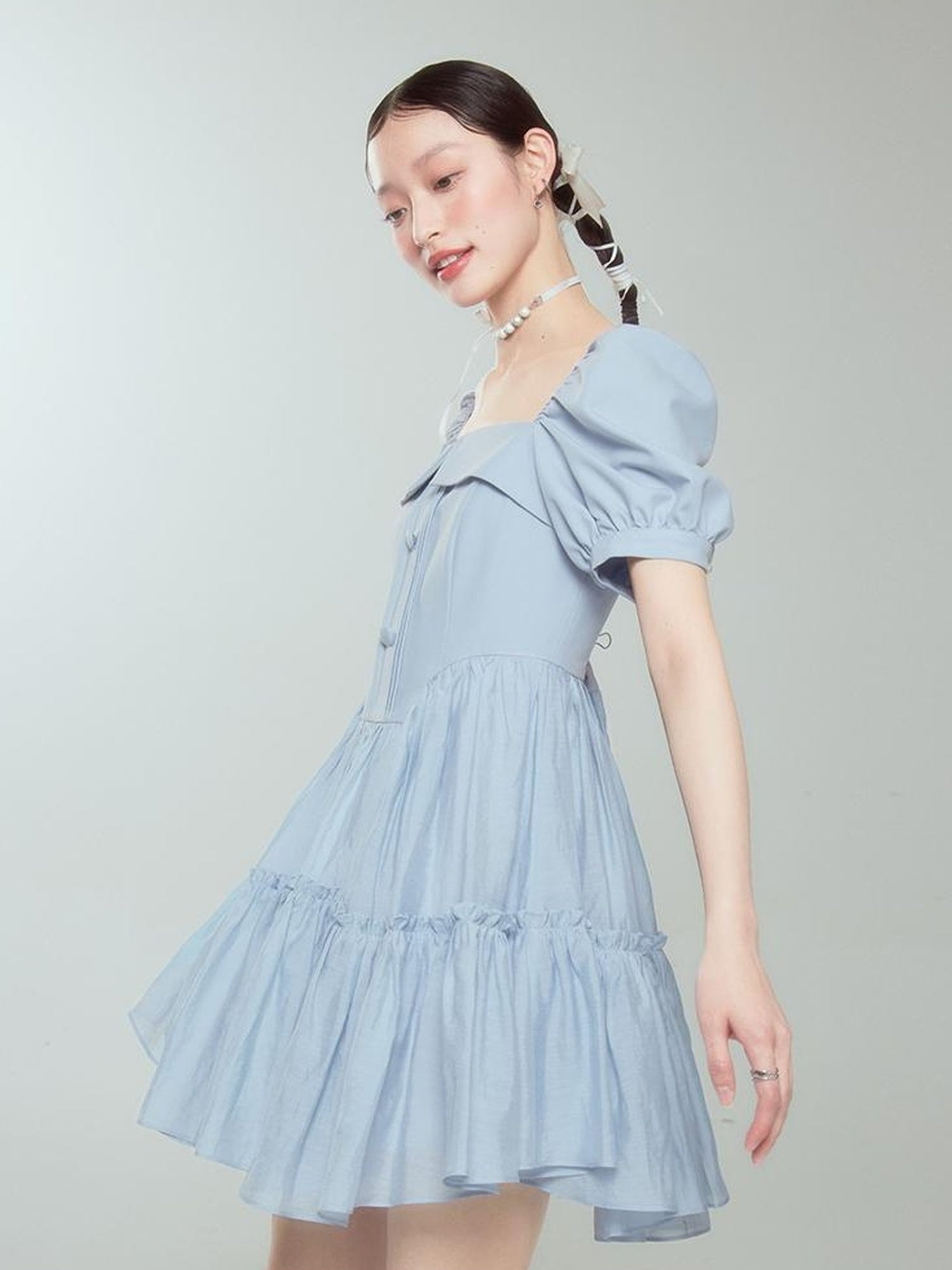 DIDDI MODA Princess Escape Bubble Sleeve Square Neck Tulle Dress
