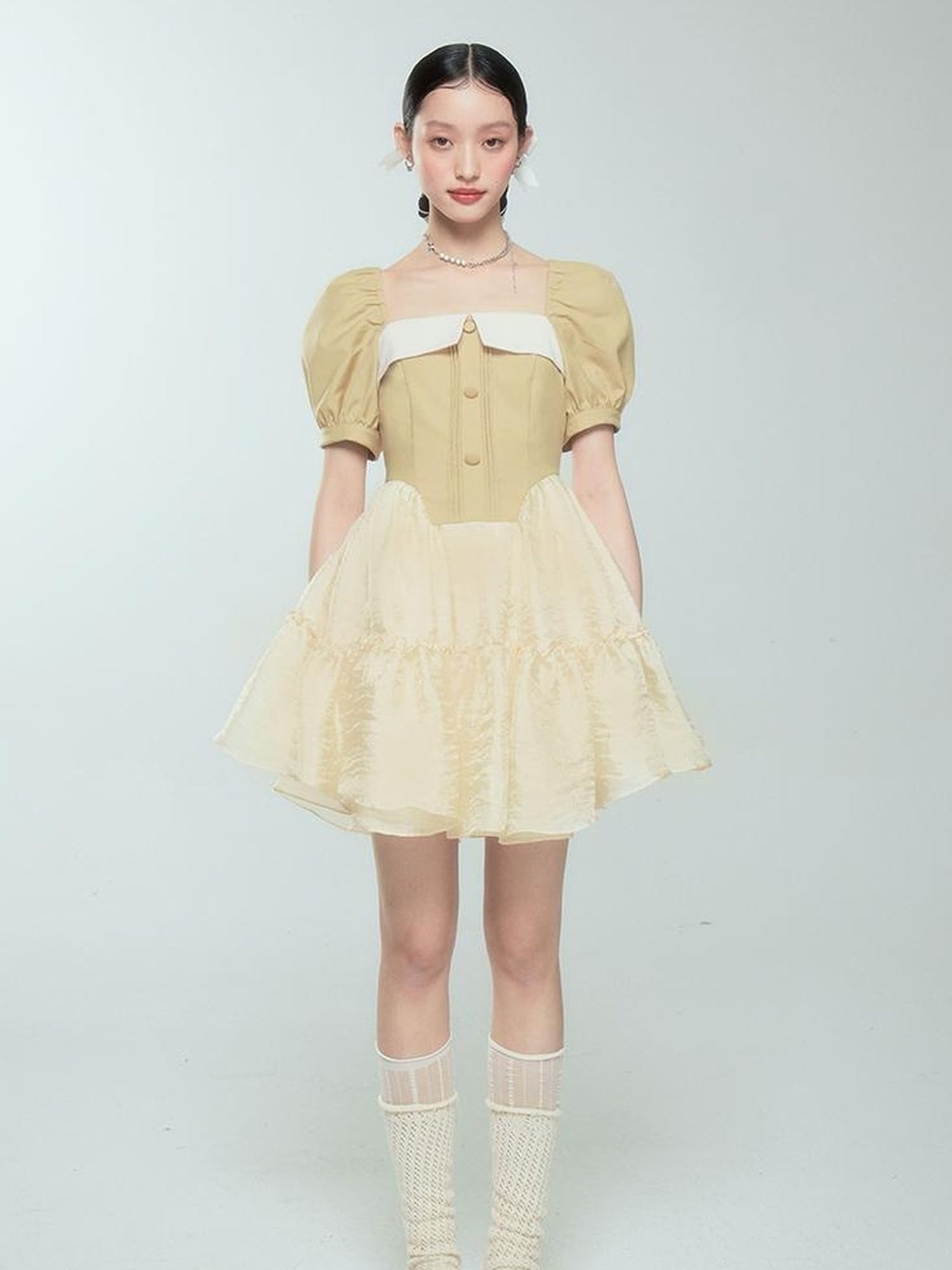 DIDDI MODA Princess Escape Bubble Sleeve Square Neck Tulle Dress