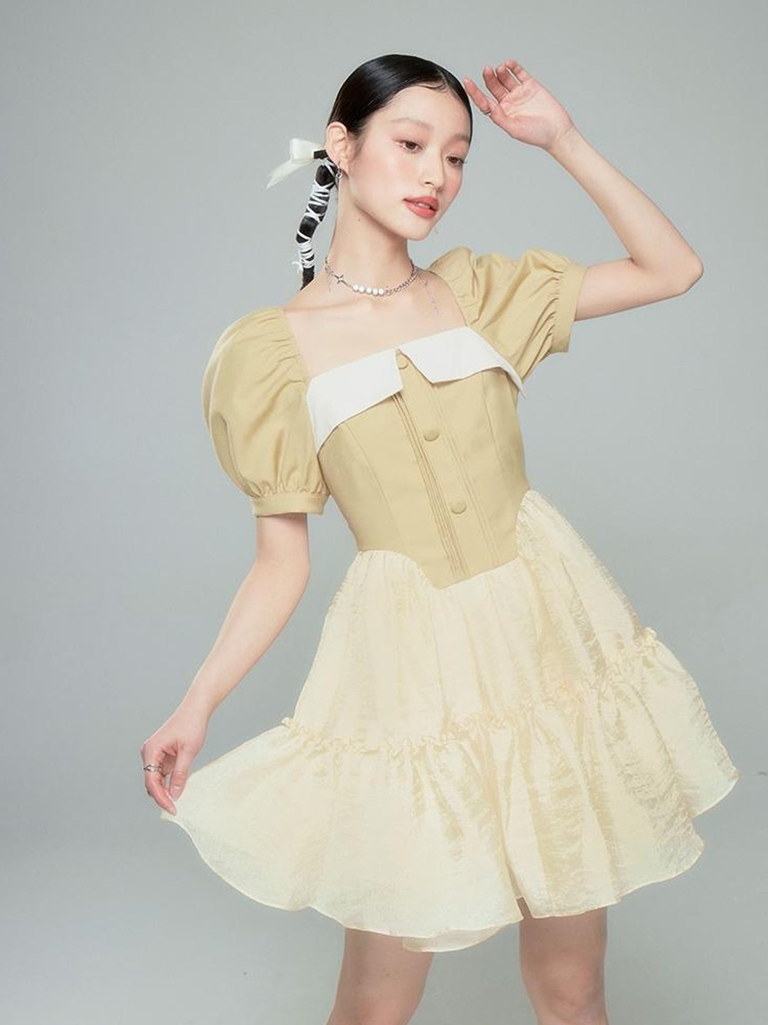 DIDDI MODA Princess Escape Bubble Sleeve Square Neck Tulle Dress