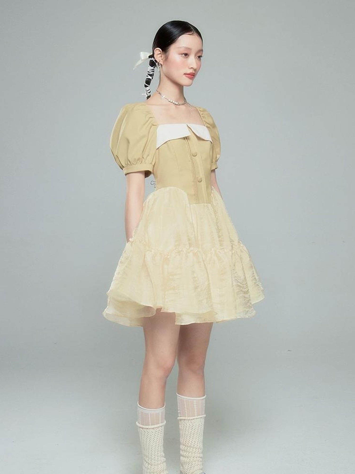 DIDDI MODA Princess Escape Bubble Sleeve Square Neck Tulle Dress