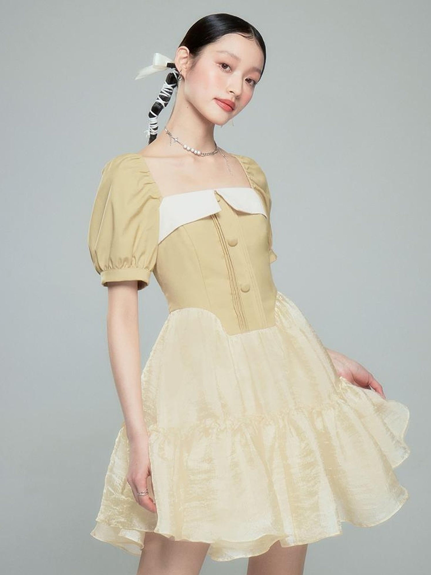 DIDDI MODA Princess Escape Bubble Sleeve Square Neck Tulle Dress