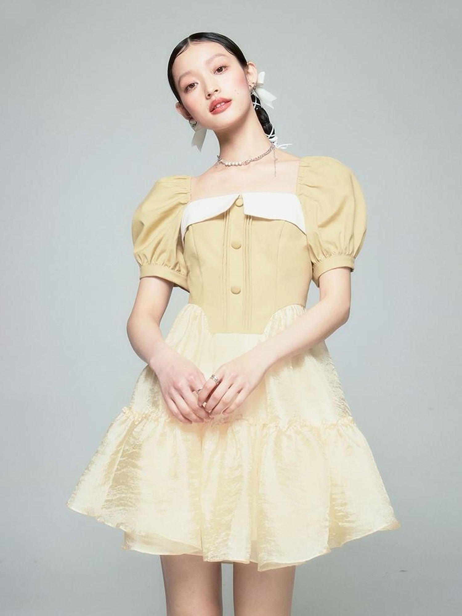 DIDDI MODA Princess Escape Bubble Sleeve Square Neck Tulle Dress