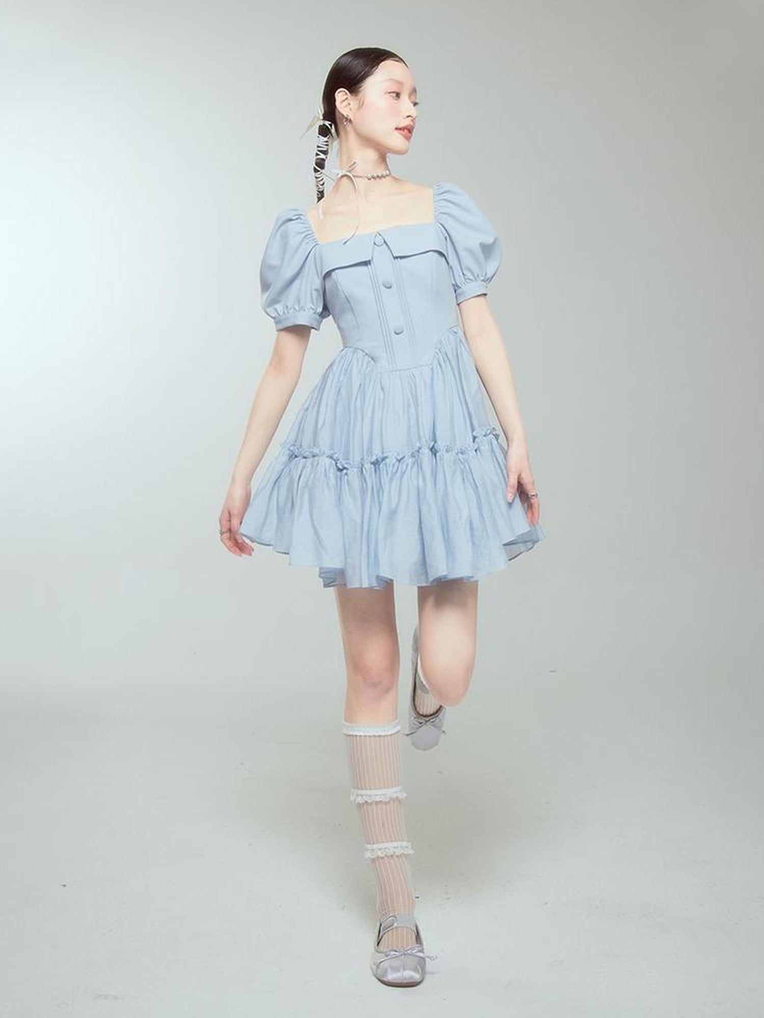 DIDDI MODA Princess Escape Bubble Sleeve Square Neck Tulle Dress