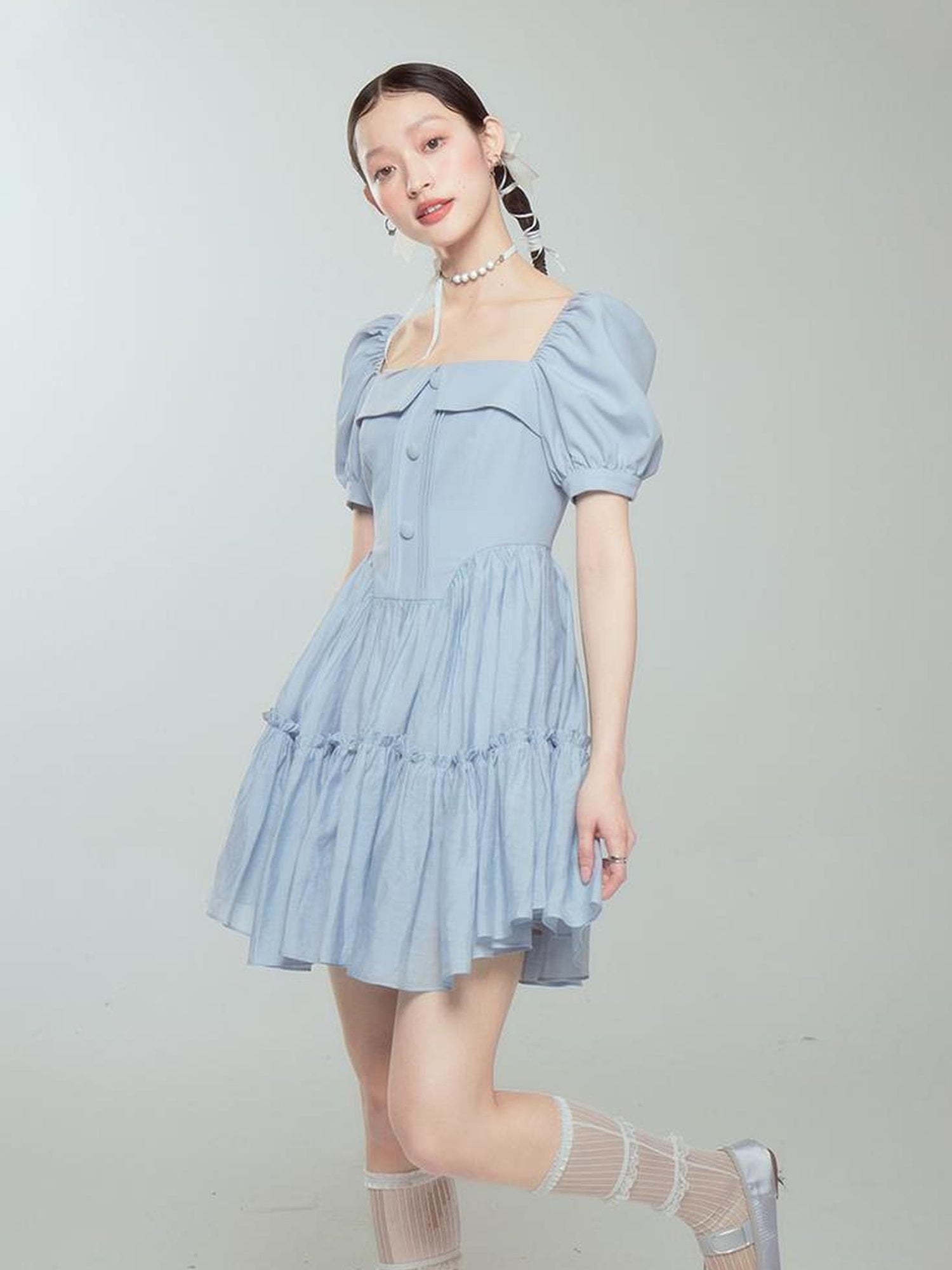DIDDI MODA Princess Escape Bubble Sleeve Square Neck Tulle Dress