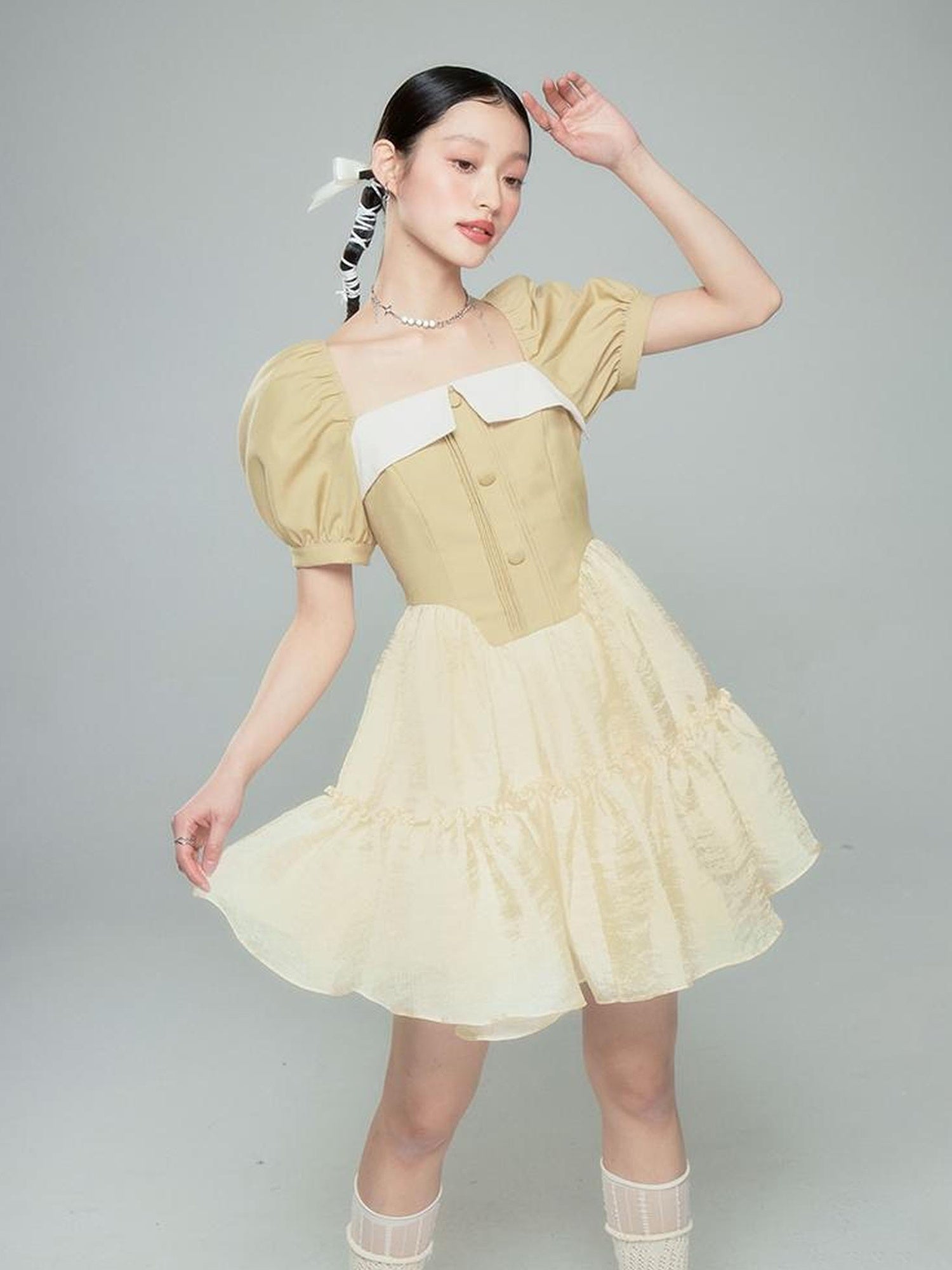 DIDDI MODA Princess Escape Bubble Sleeve Square Neck Tulle Dress