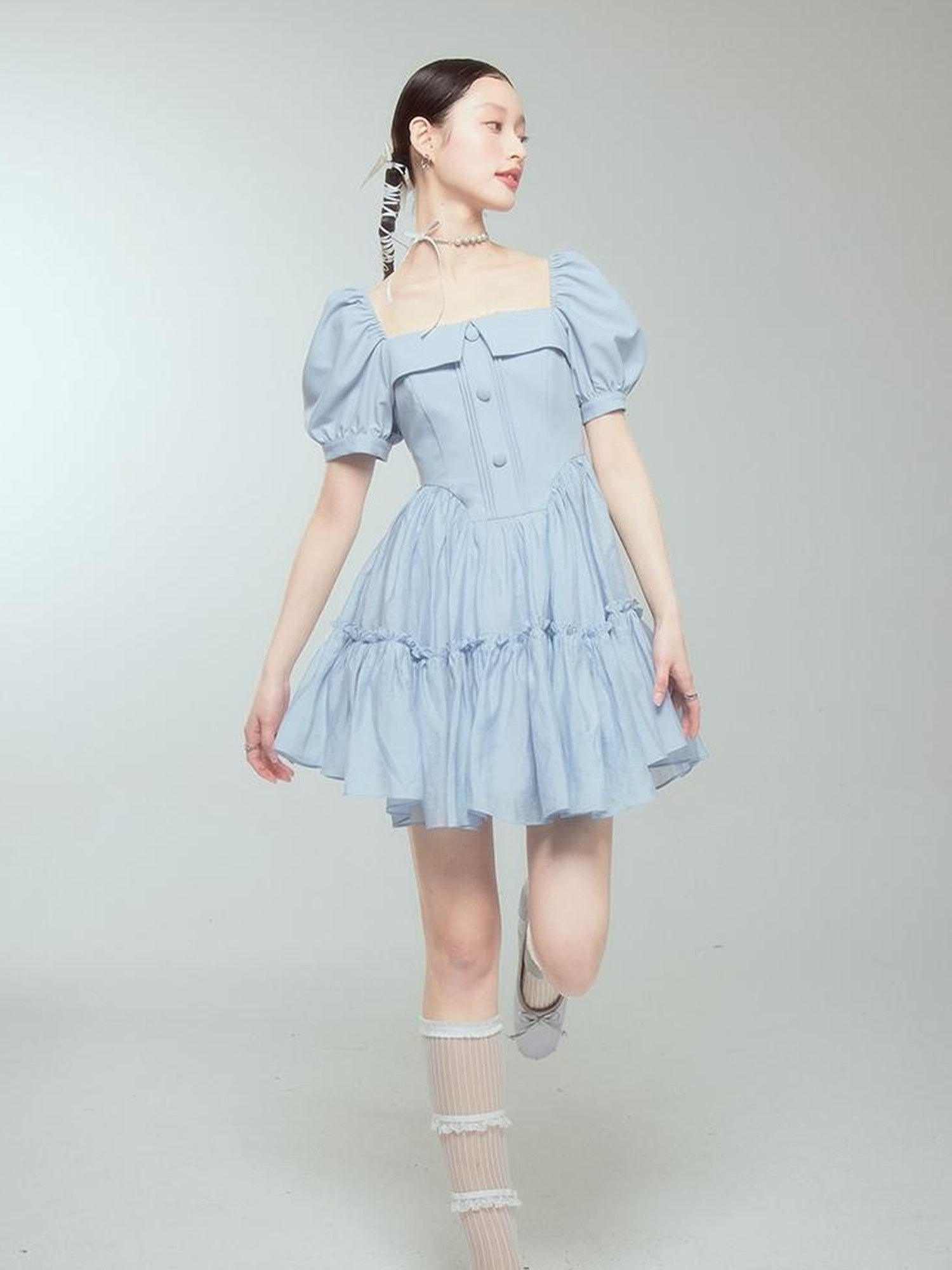DIDDI MODA Princess Escape Bubble Sleeve Square Neck Tulle Dress