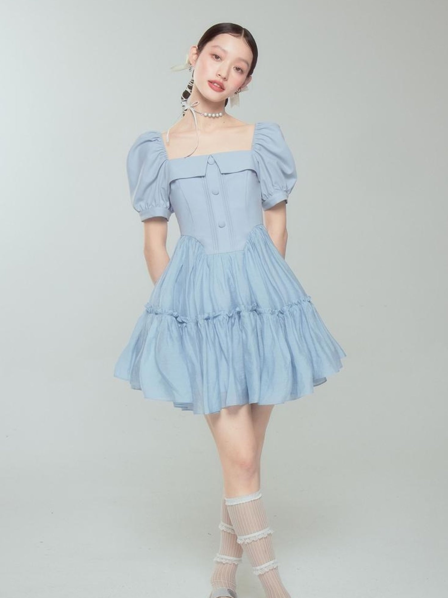 DIDDI MODA Princess Escape Bubble Sleeve Square Neck Tulle Dress