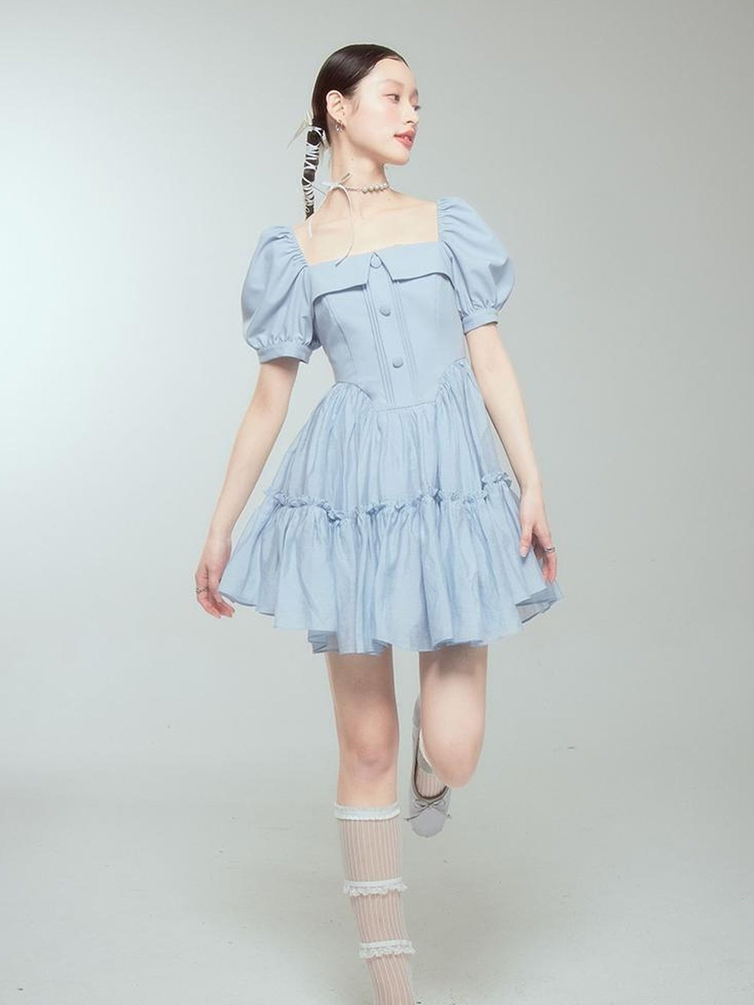 DIDDI MODA Princess Escape Bubble Sleeve Square Neck Tulle Dress