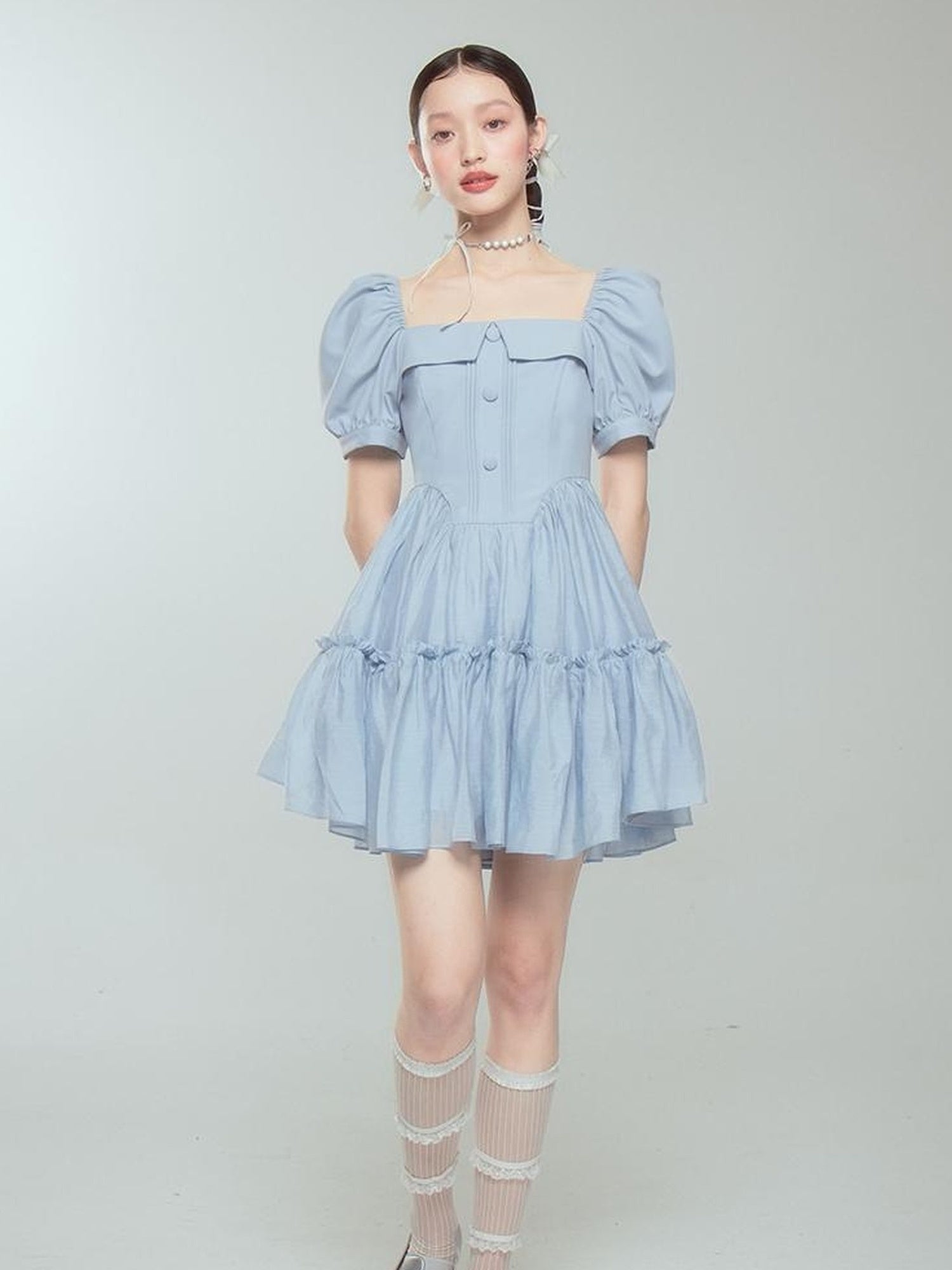 DIDDI MODA Princess Escape Bubble Sleeve Square Neck Tulle Dress