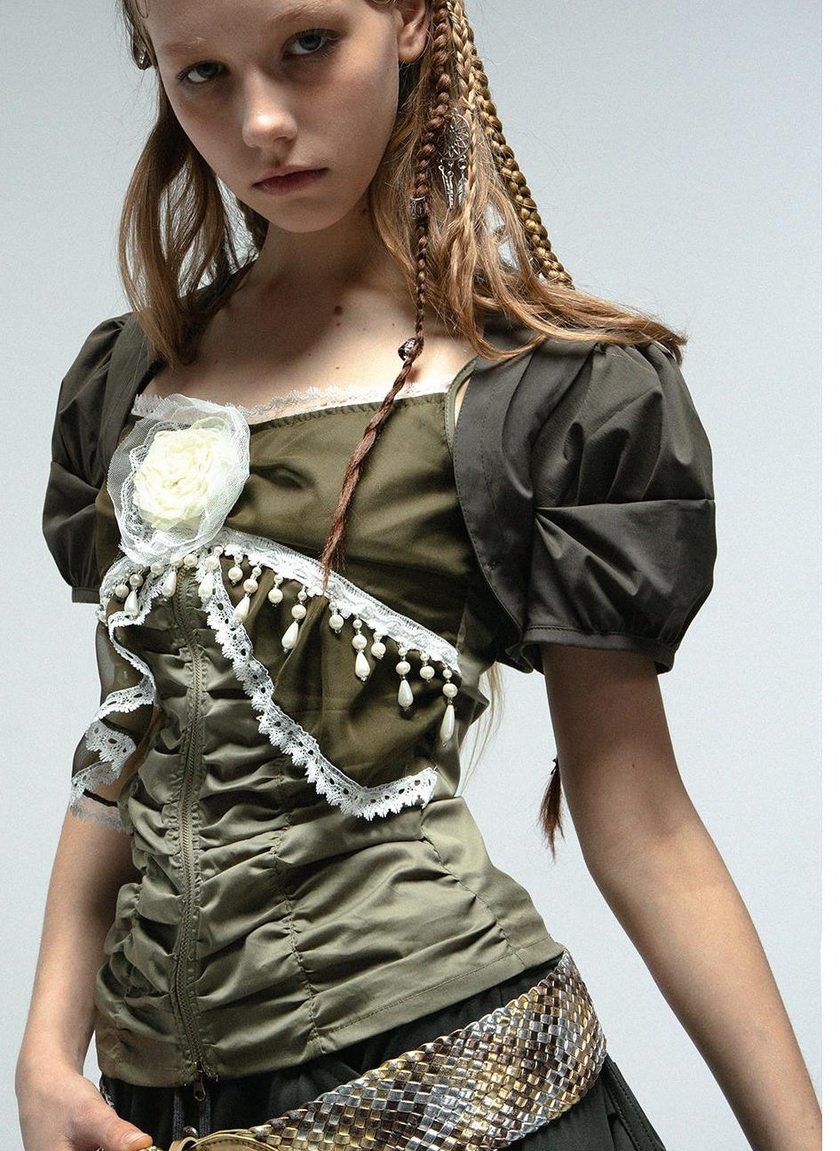 Doublepunch Princess Sleeve Chiffon Lace Blouse & Camisole 2-Piece Set
