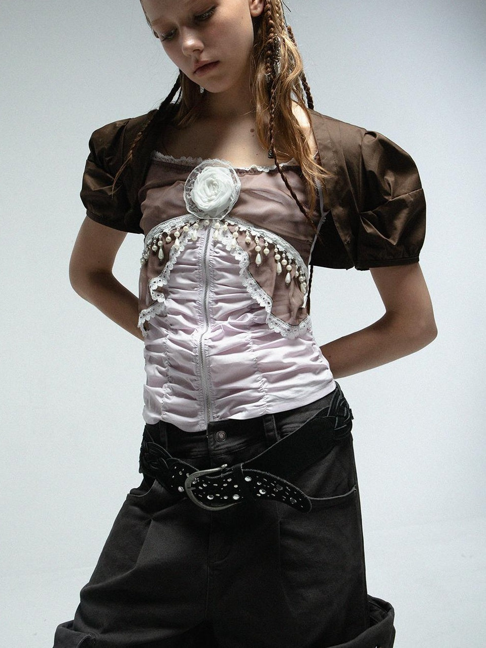 Doublepunch Princess Sleeve Chiffon Lace Blouse & Camisole 2-Piece Set