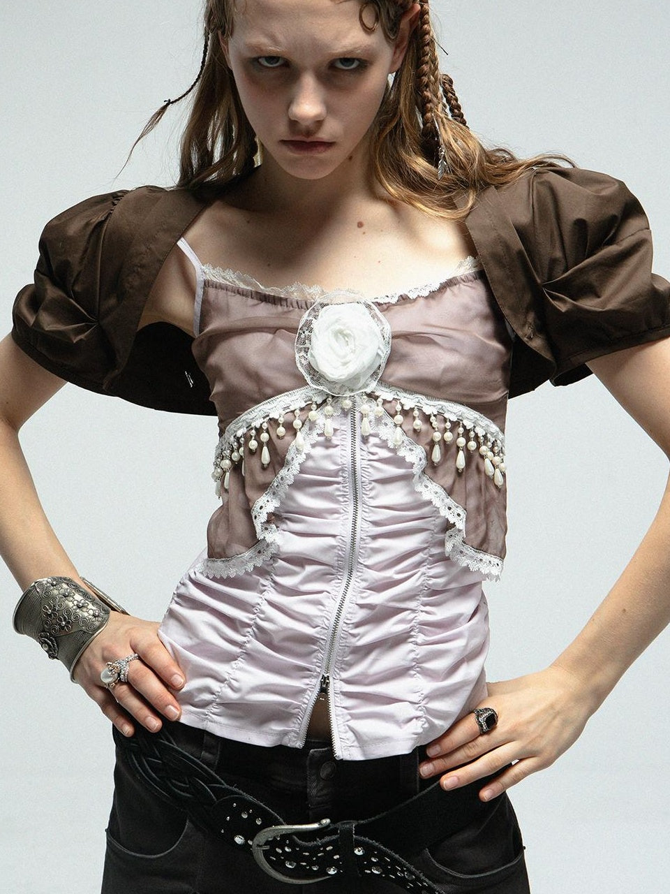 Doublepunch Princess Sleeve Chiffon Lace Blouse & Camisole 2-Piece Set