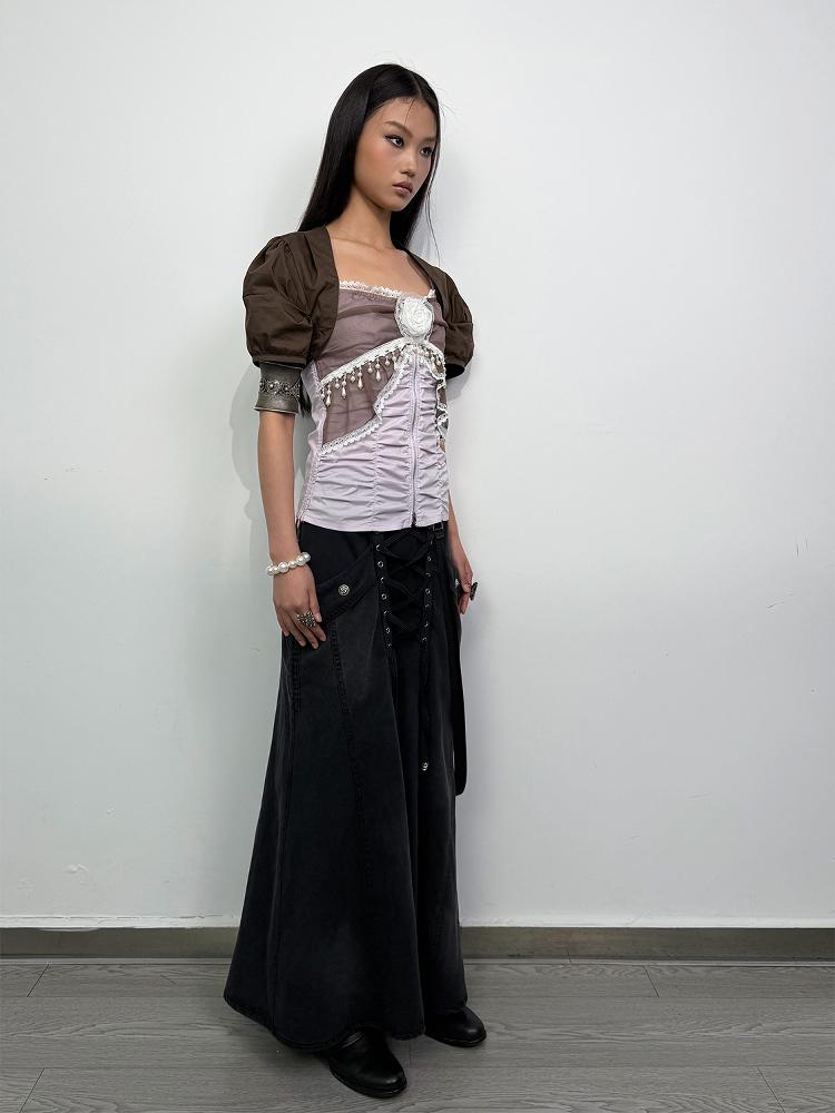 Doublepunch Princess Sleeve Chiffon Lace Blouse & Camisole 2-Piece Set