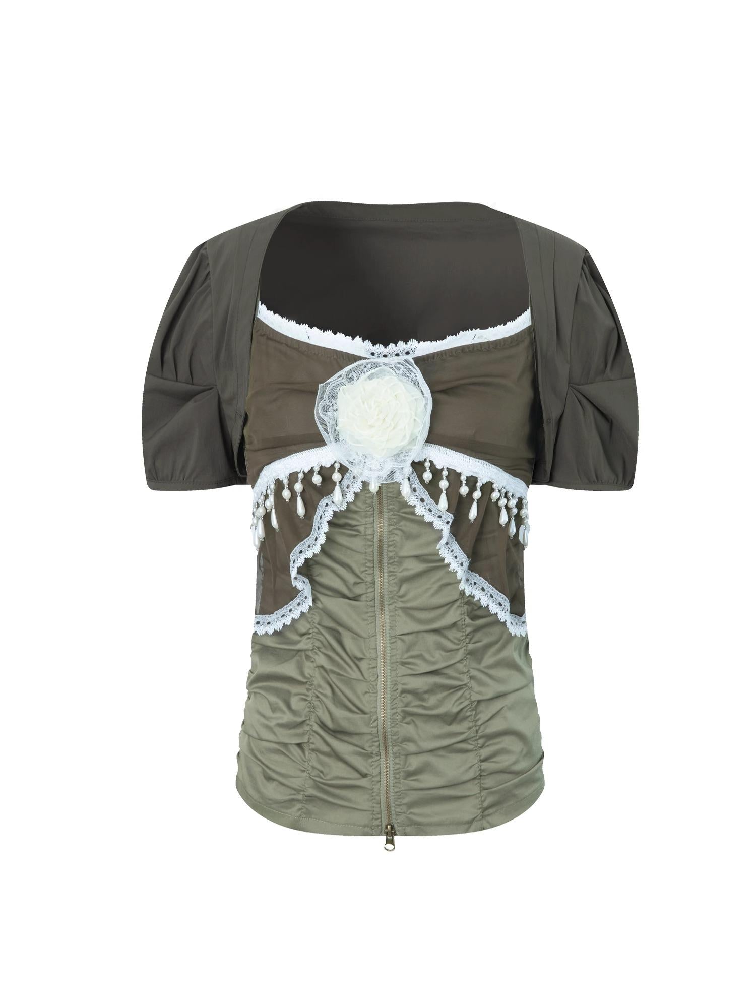 Doublepunch Princess Sleeve Chiffon Lace Blouse & Camisole 2-Piece Set