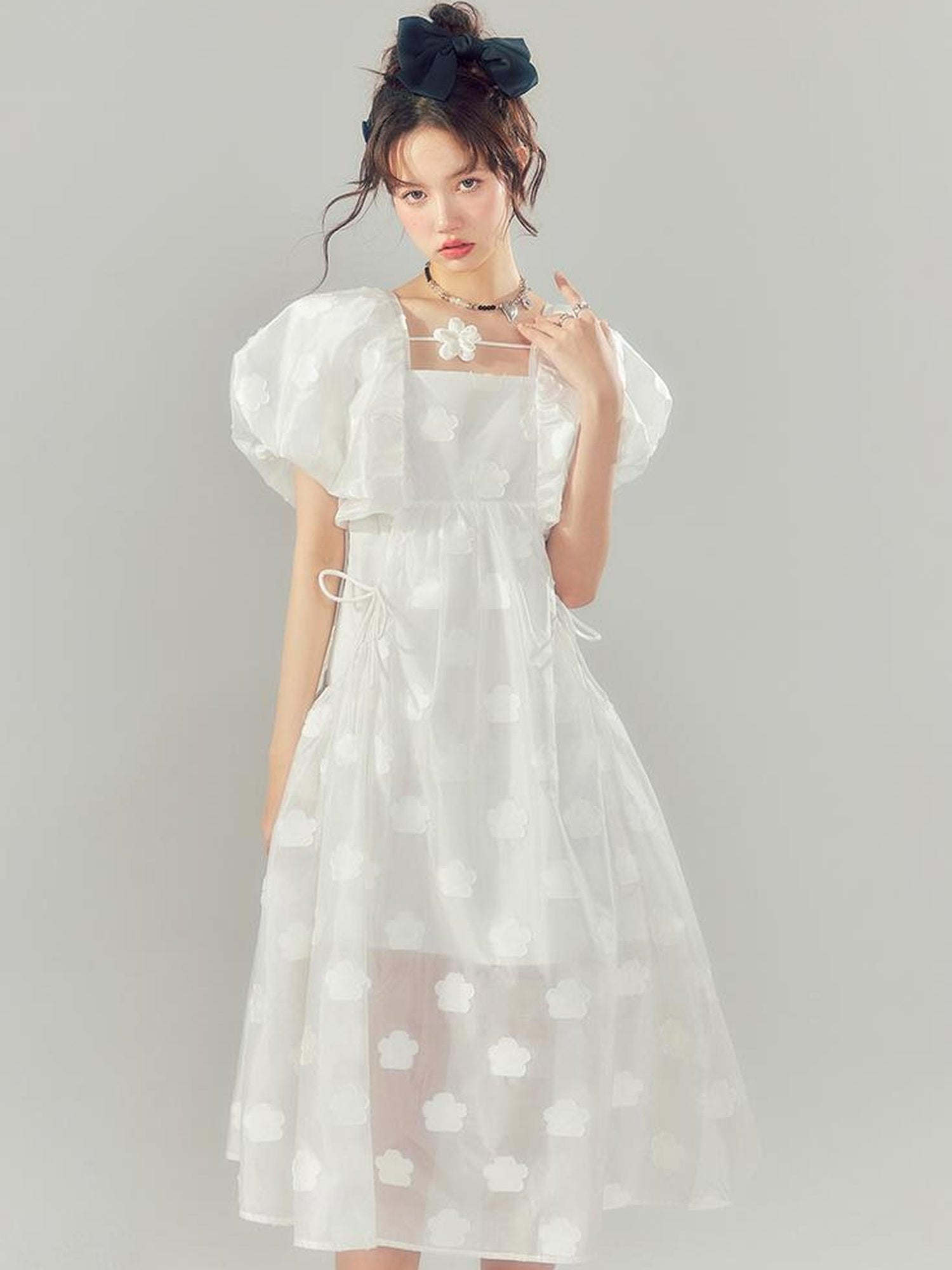 DIDDI MODA Puff Sleeve Smocked Jacquard Princess Maxi Dress