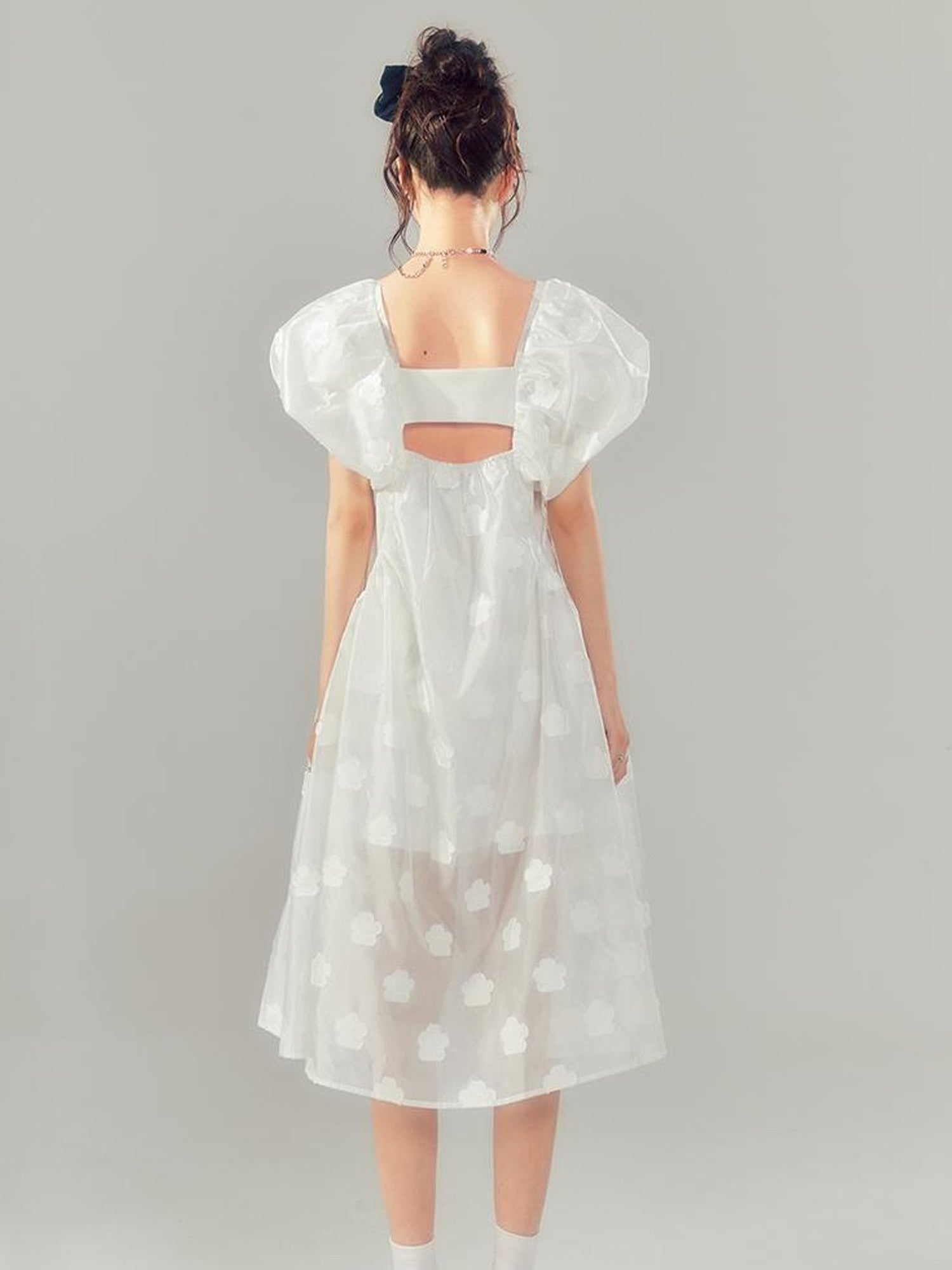 DIDDI MODA Puff Sleeve Smocked Jacquard Princess Maxi Dress