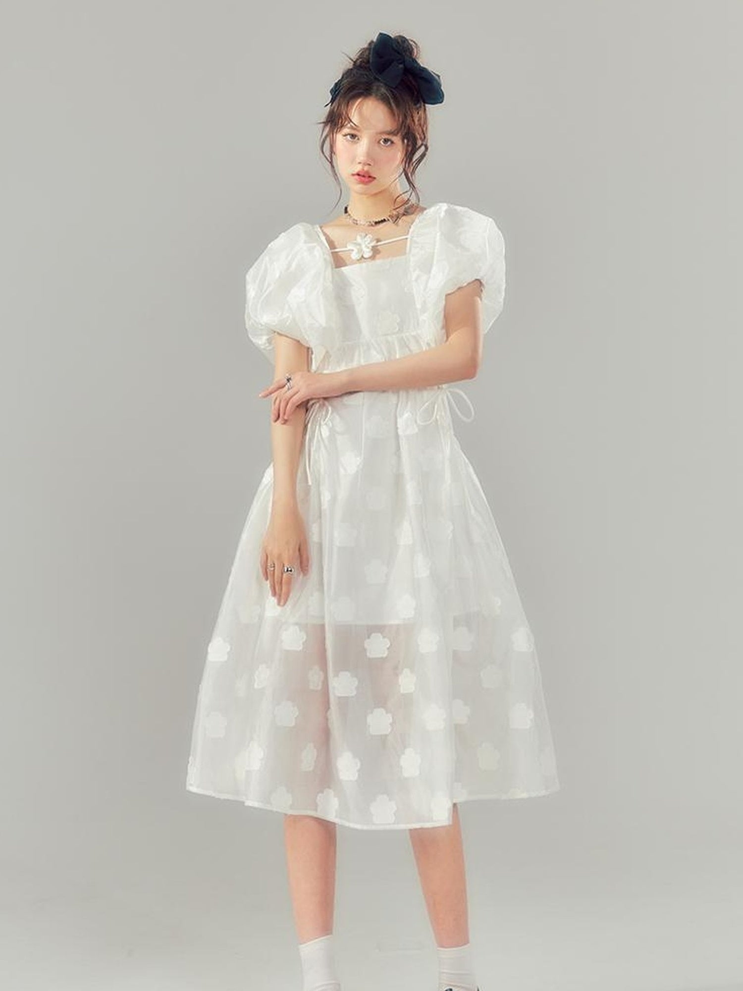 DIDDI MODA Puff Sleeve Smocked Jacquard Princess Maxi Dress